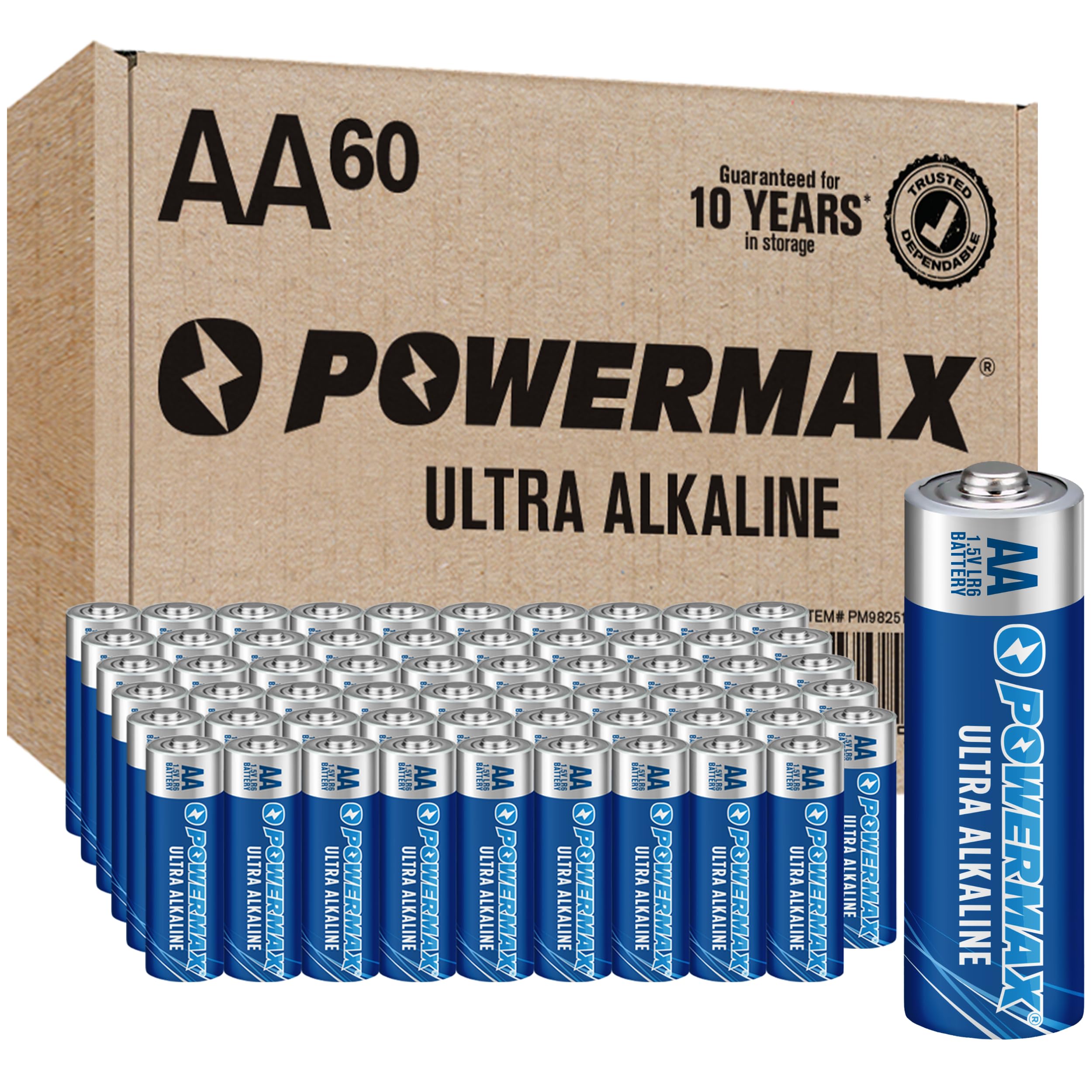 Powermax 60-Count Double AA Batteries, Ultra Long Lasting Alkaline Battery, 10-Year Shelf Life, Reclosable Packaging