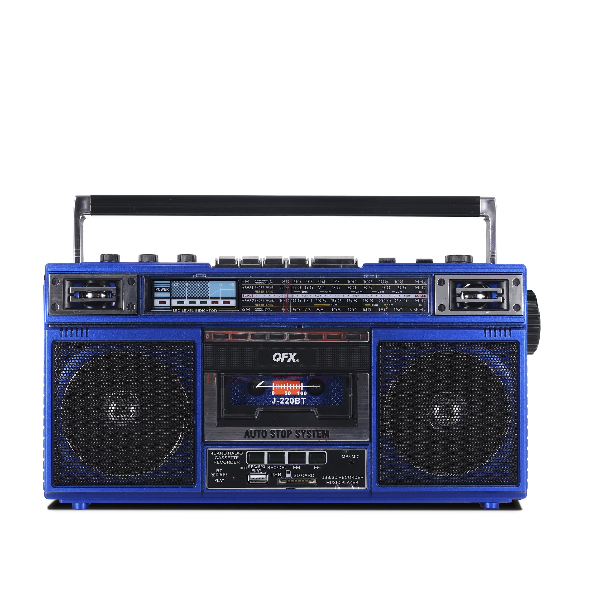 Qfx J 220Bt Blue Boombox Mp3 Conversion From Radio To Cassette With 4 Band (Am, Fm, Sw1, Sw2) Radio With Bluetooth, Dual 3    Sp