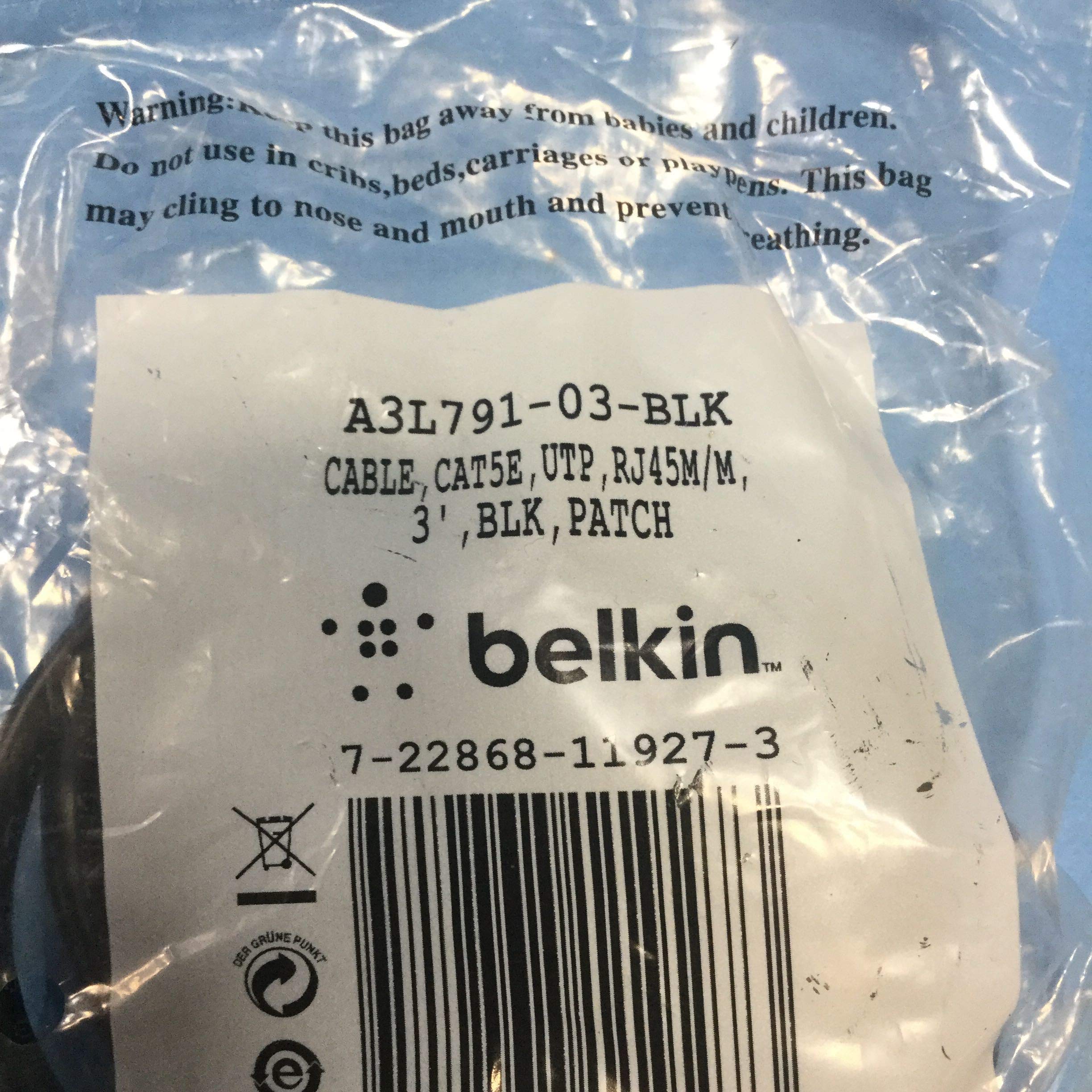Belkin 3Ft Cable Patch Cat5 Utp 4Pr Rj45M Blk (A3L791 03 Blk)