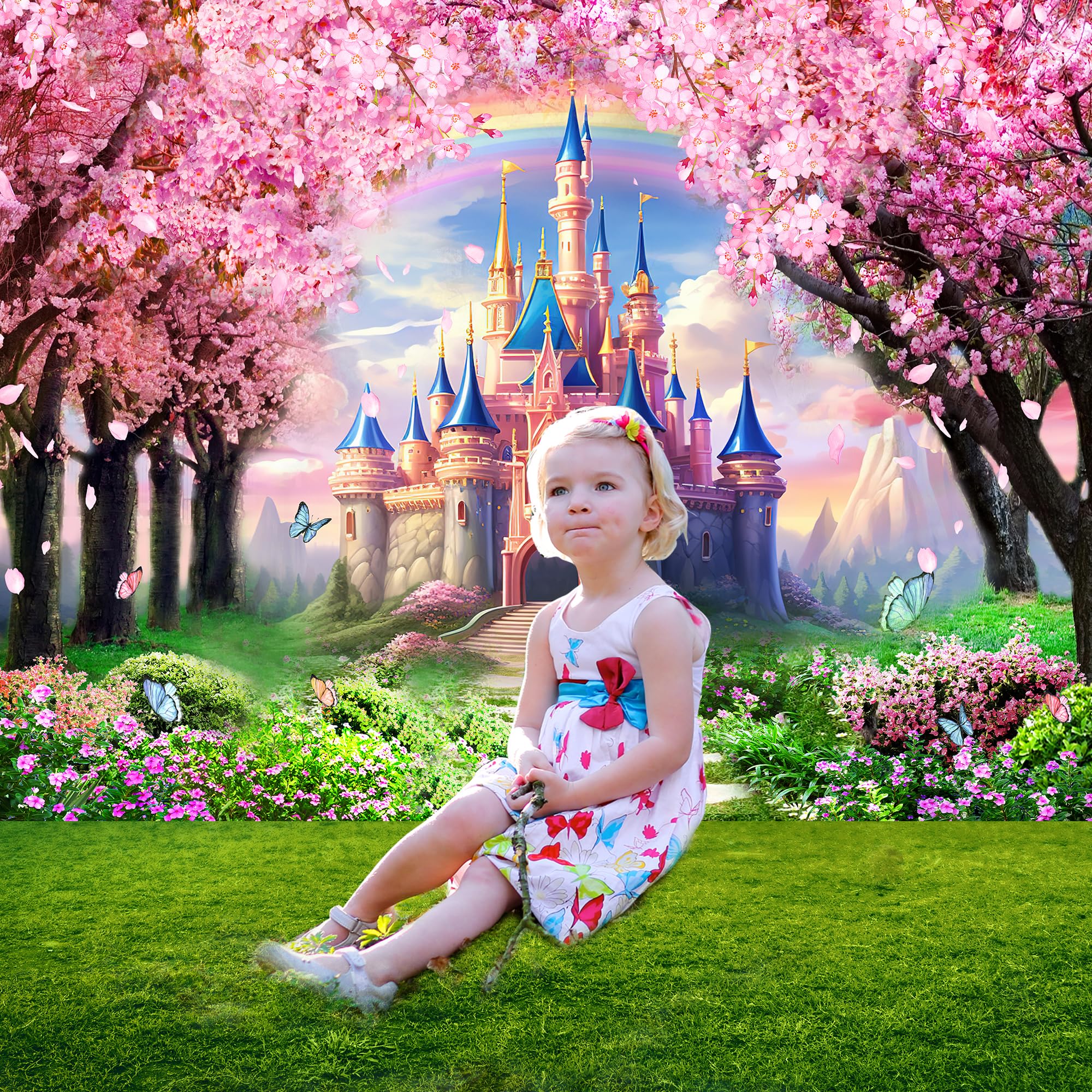 Riyidecor Princess Castle Backdrop Rainbow Pink Sakura Flowers Floral Fantasy Fairy Tale Wonderland 7Wx5H Feet Photography Backg
