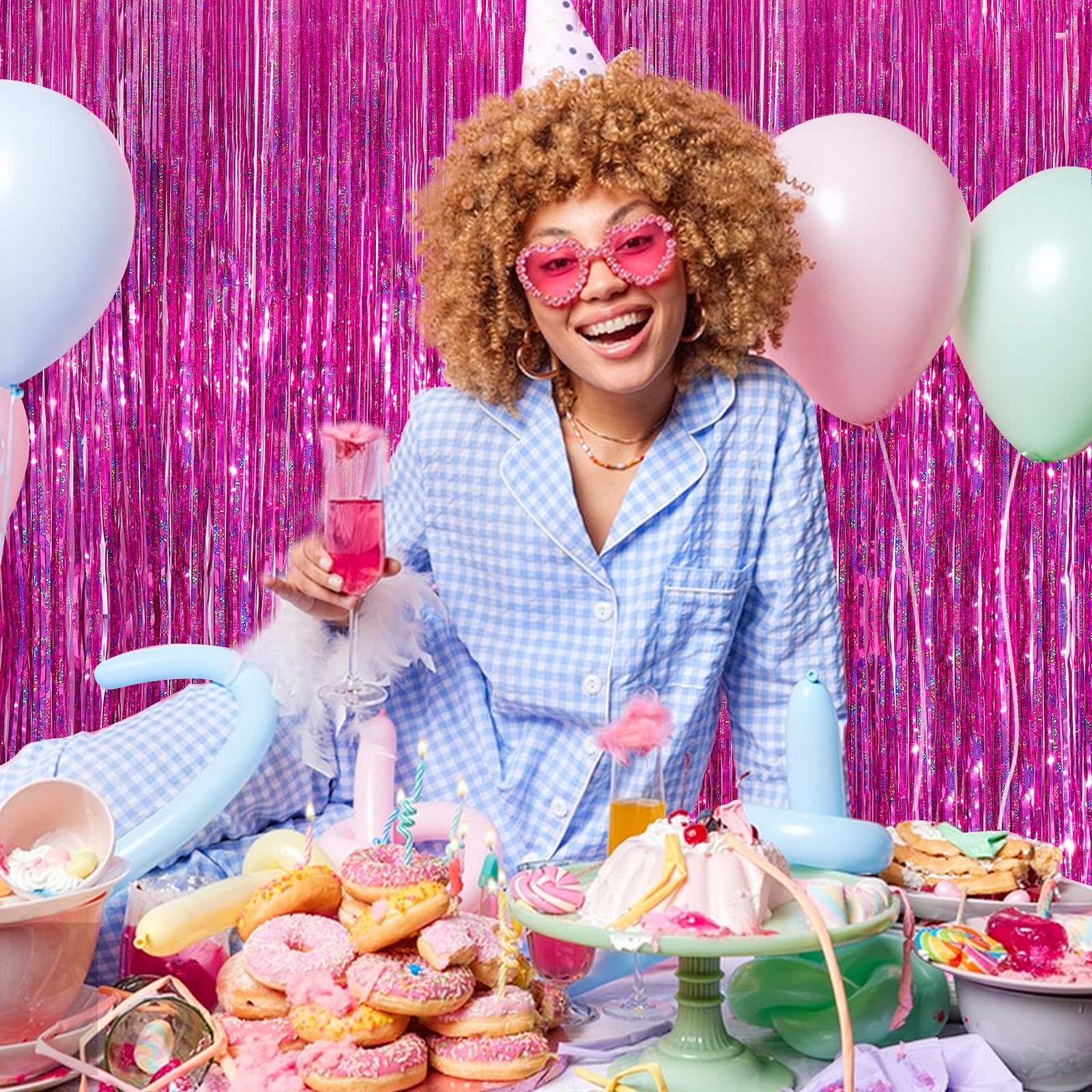 Hot Pink Metallic Tinsel Foil Fringe Curtains, 2 Pack 3.3X8.3 Feet Party Streamer For Birthday Party Decorations, Halloween Deco