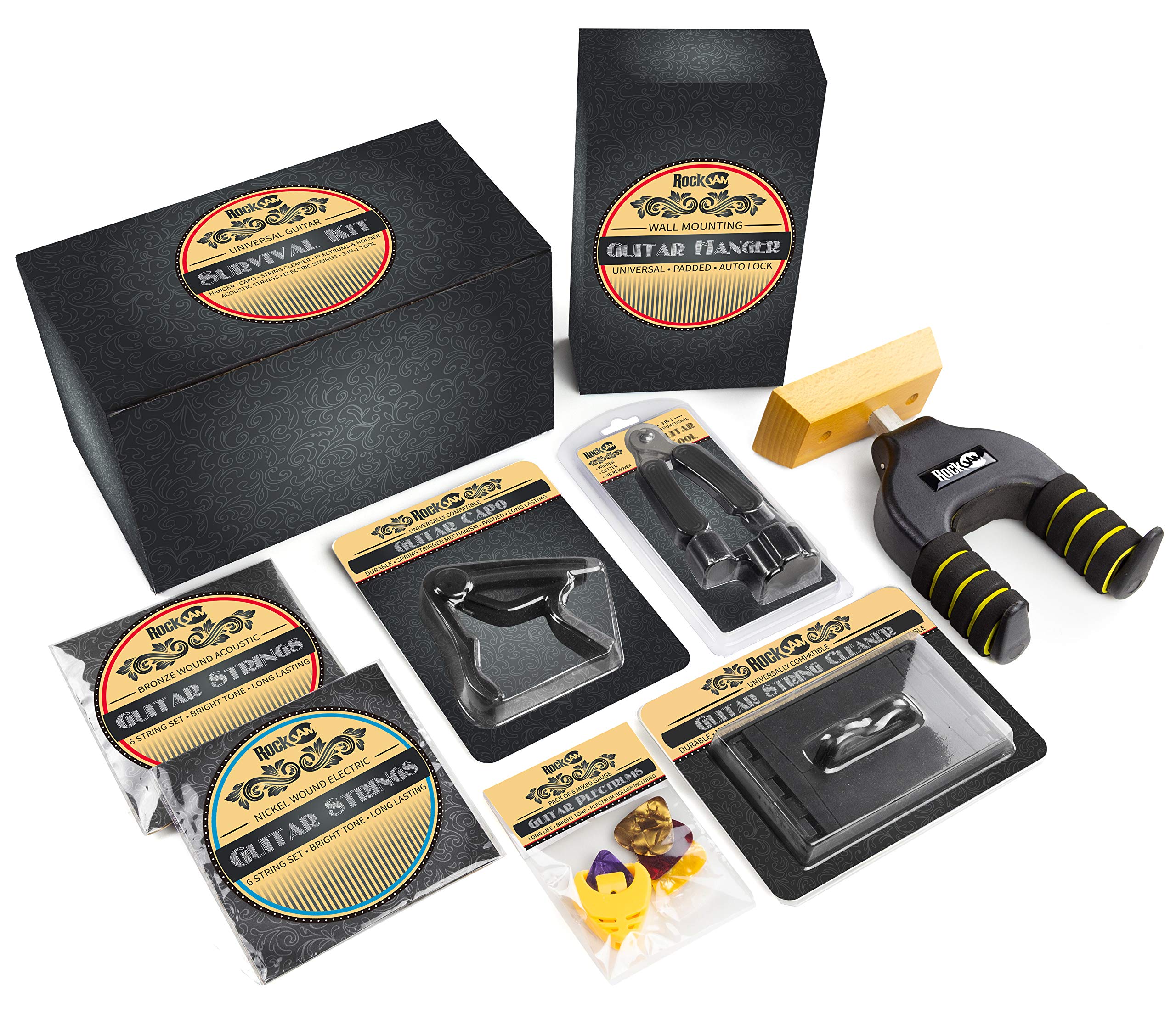 Rockjam Universal Guitar Accessories Super Kit With Hanger, Capo, Electric & Acoustic Strings, Tuner Multi Tool, Plectrums & Pic