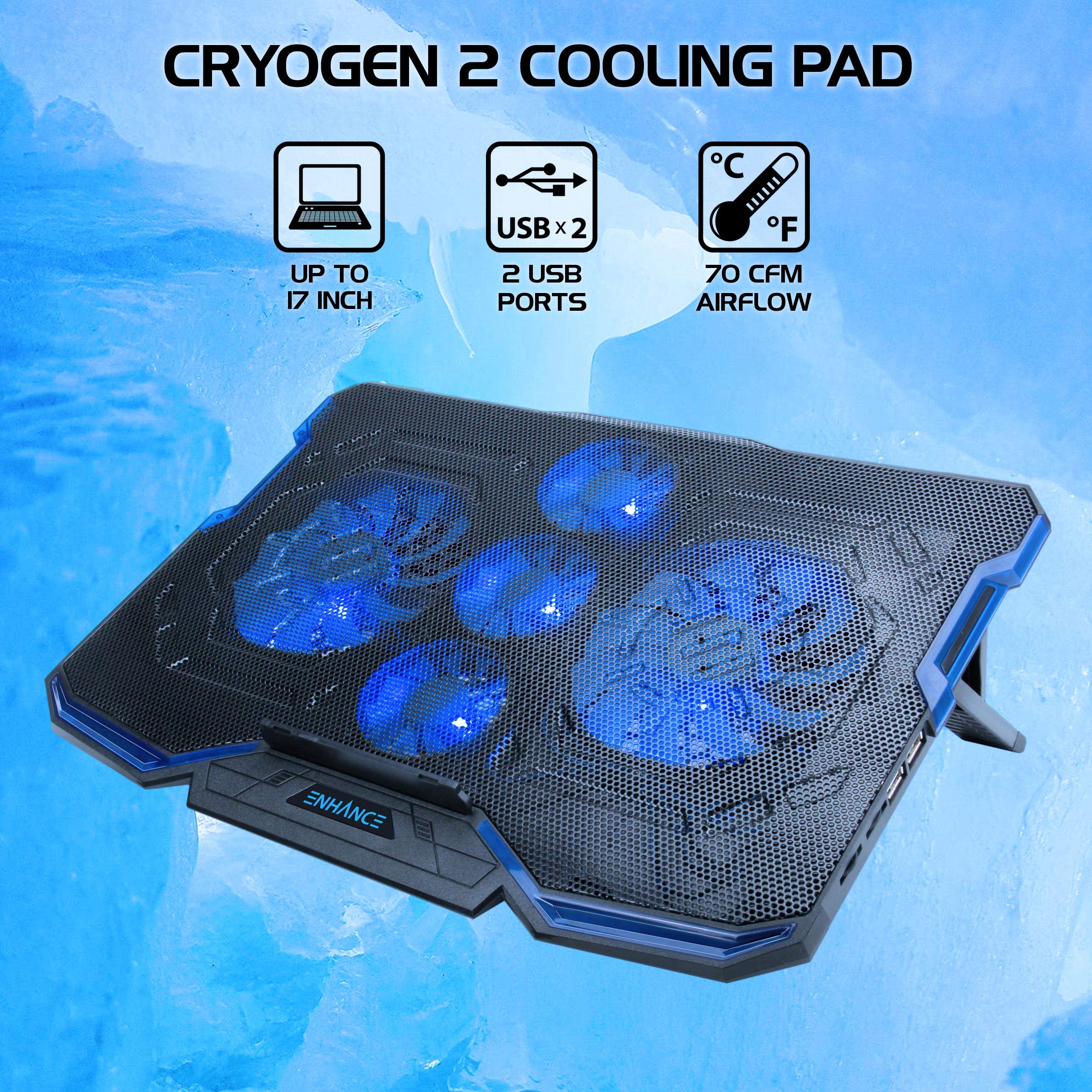 Enhance Cryogen Gaming Laptop Cooling Pad   Fits Up To 17 Inch Computer   Adjustable Laptop Cooling Stand With 5 Ultra Quiet Coo