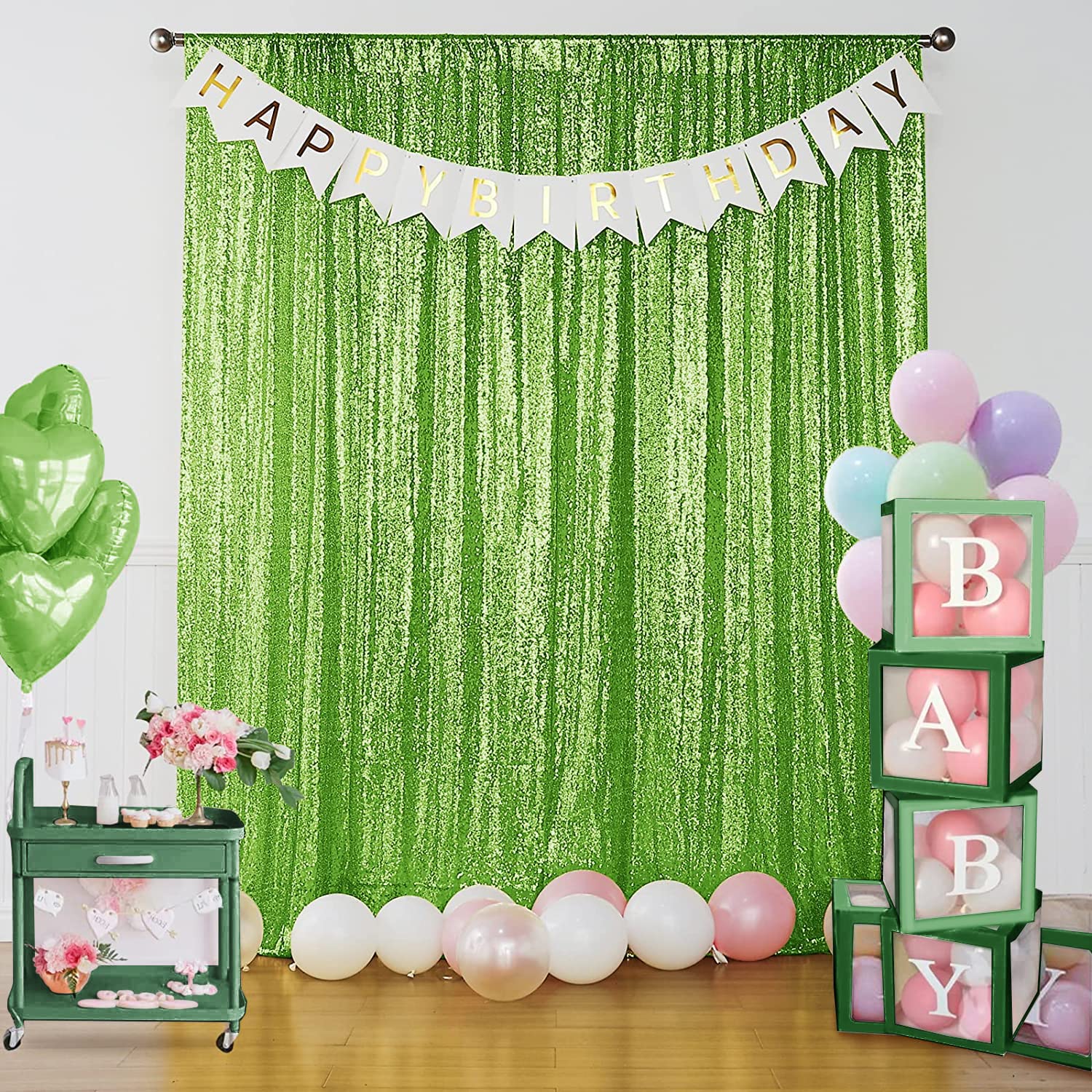 Sugargirl Green Sequin Backdrop Curtain 4 Panels 2Ftx8Ft Glitter Green Background Drapes Sparkle Photography Backdrop For Party