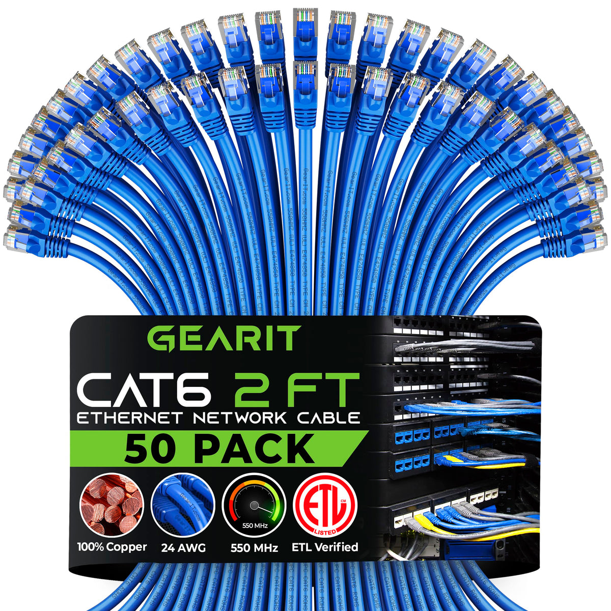 Gearit 50 Pack, Cat 6 Ethernet Cable Cat6 Snagless Patch 2 Feet   Snagless Rj45 Computer Lan Network Cord, Blue   Compatible Wit