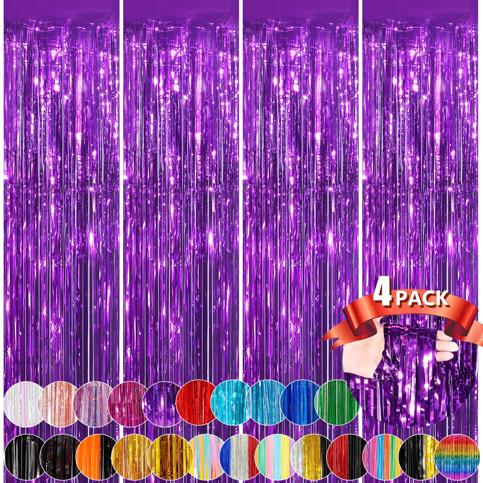 Purple Metallic Tinsel Foil Fringe Curtains, 4 Pack 3.3X8.3 Feet Party Streamer For Birthday Party Decorations, Halloween Decor,