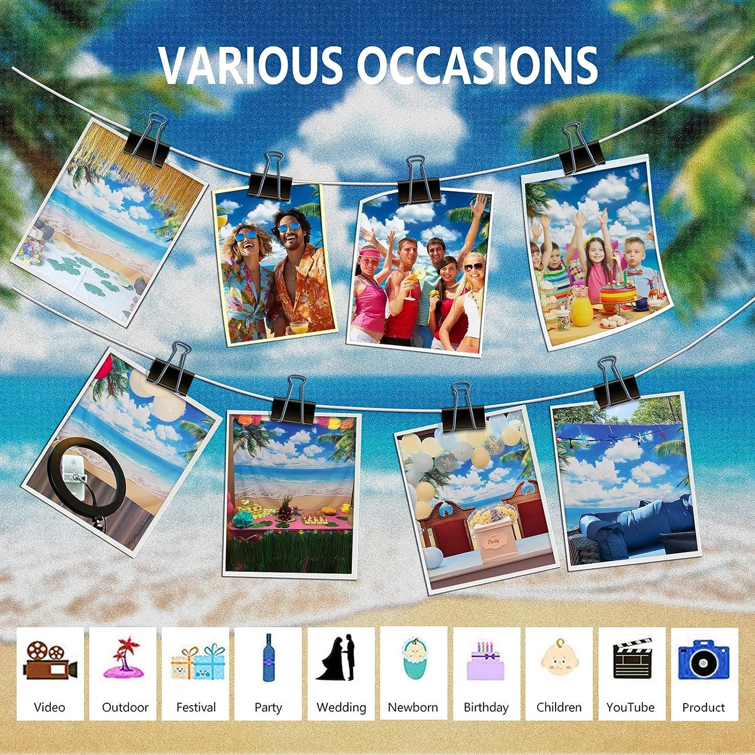 Humkat Hawaiian Beach Ocean Backdrop, 8X6Ft Cloth Fabric Summer Tropical Party Background For Indoor And Outdoor Decoration, Pal