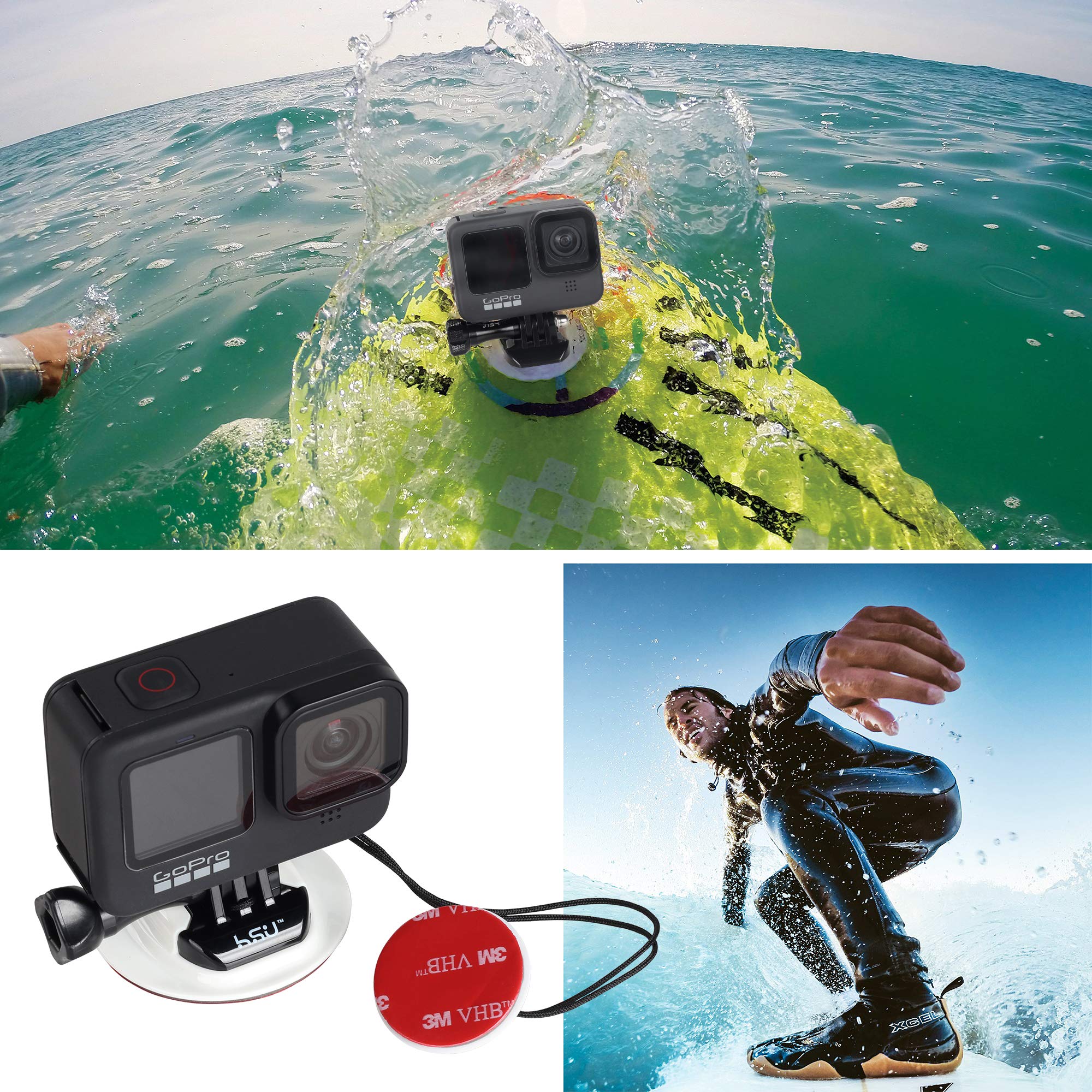 Hsu Surf Mounts And Accessories For Ski, Snorkeling, Surfing, Wakeboarding Fitting Gopro Hero 13,12,11,10,9,8,7,6,5 Black, Silver, Akaso Campark, And Other Action Cameras (Surfing Kit)