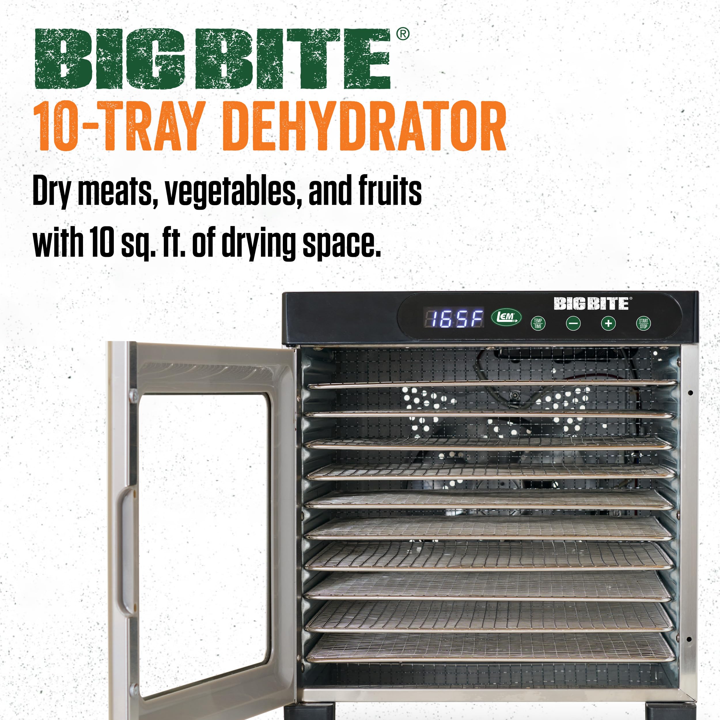 Lem Products Bigbite 10-Tray Stainless Steel Dehydrator, Food Dehydrator For Beef Jerky, Meat, Vegetables, And Fruits, Includes