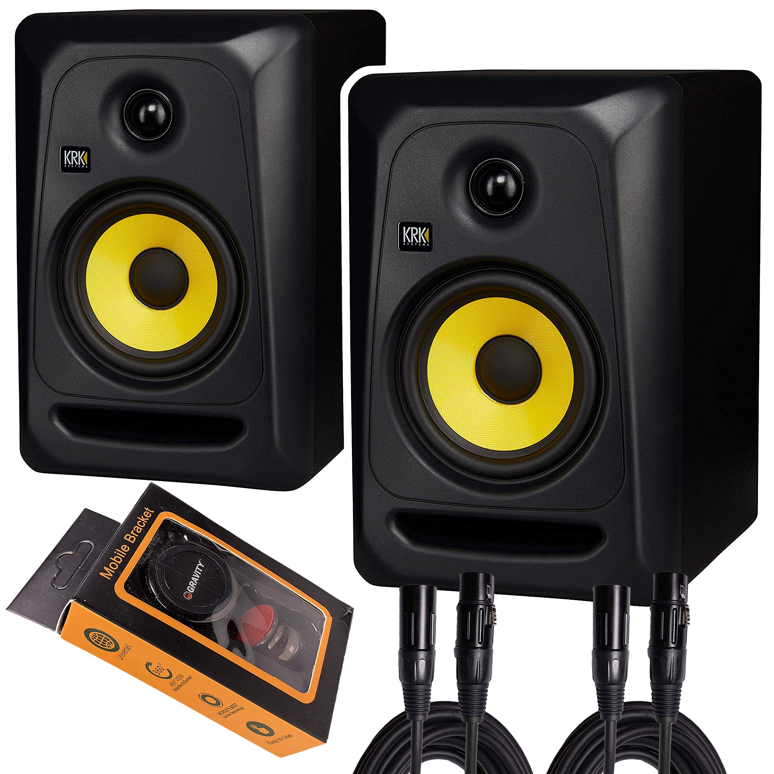 Krk Classic 5 Professional Bi Amp 5' Powered Studio Monitor (2 Speakers) Pair Of Xlr Cable + Gravity Phone Holder, Black M
