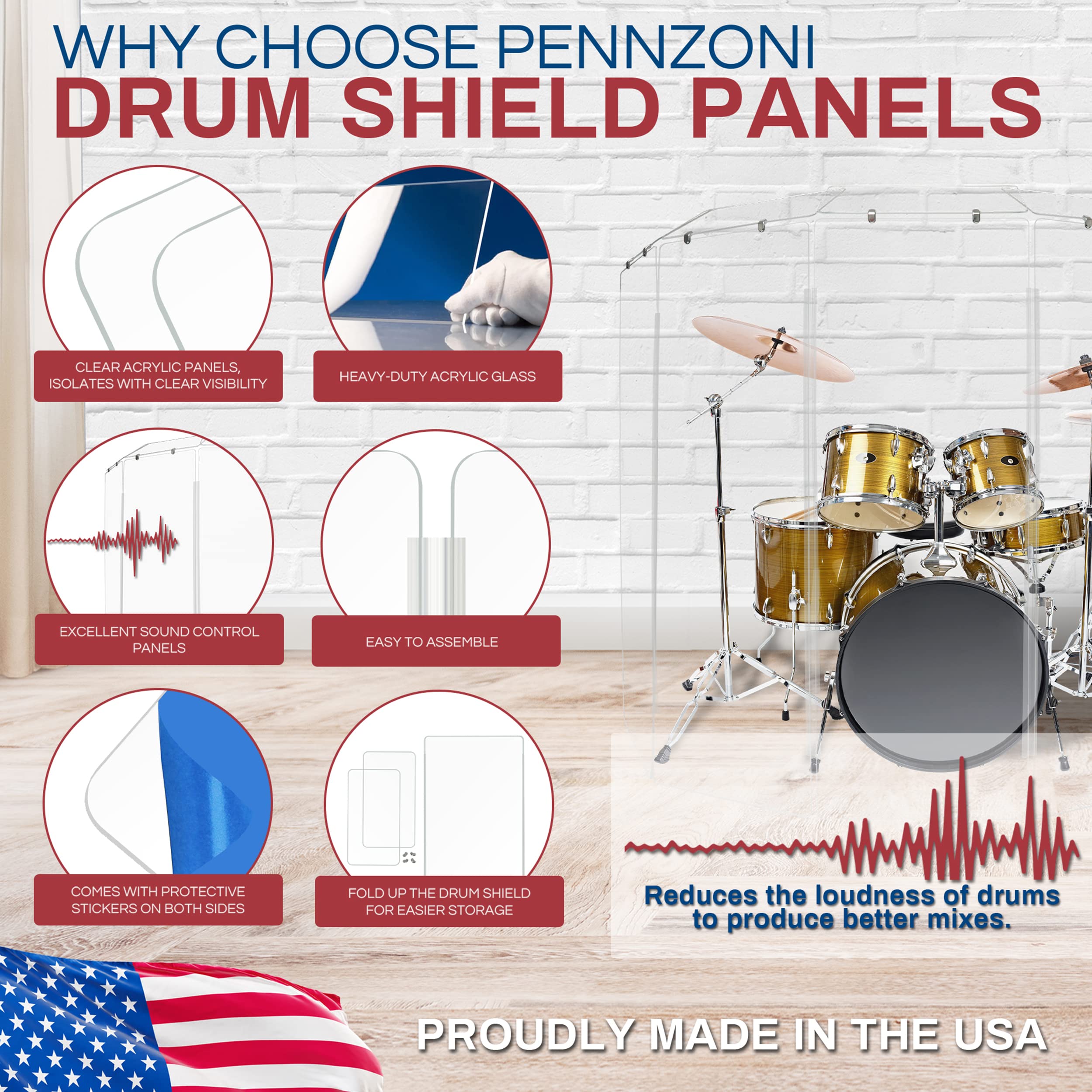 Pennzoni Drum Shield 6Ft W/Deflectors & Plastic Hinges, Comes W/ 4 Drum Panels, Plastic Hinges & Deflector Connectors, Premium C