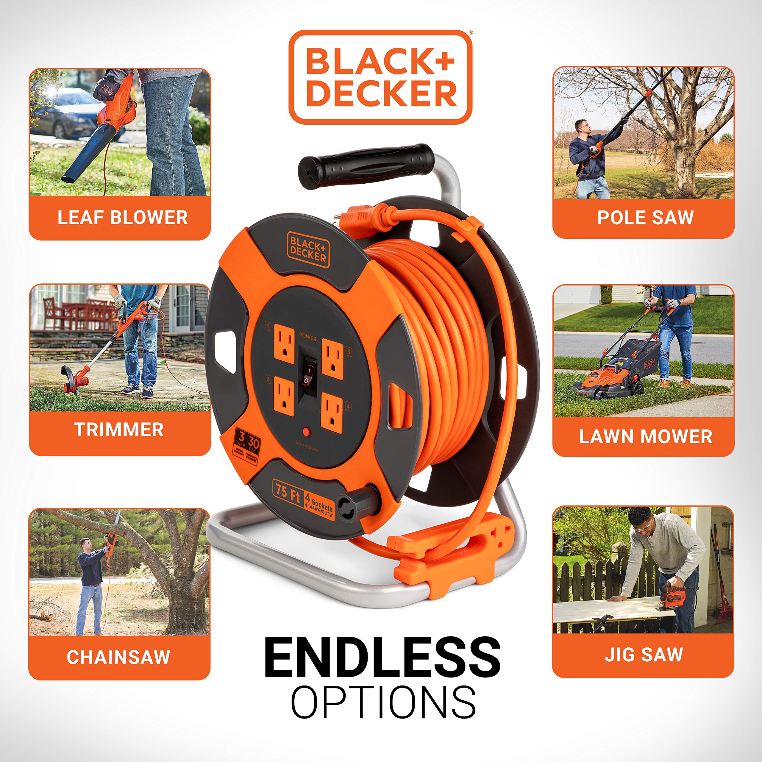 Black+Decker 75 Ft. Retractable Extension Cord Reel With 4 Outlets, Multi Plug Extension, Easy Handle Rewind & Heavy Duty 14Awg