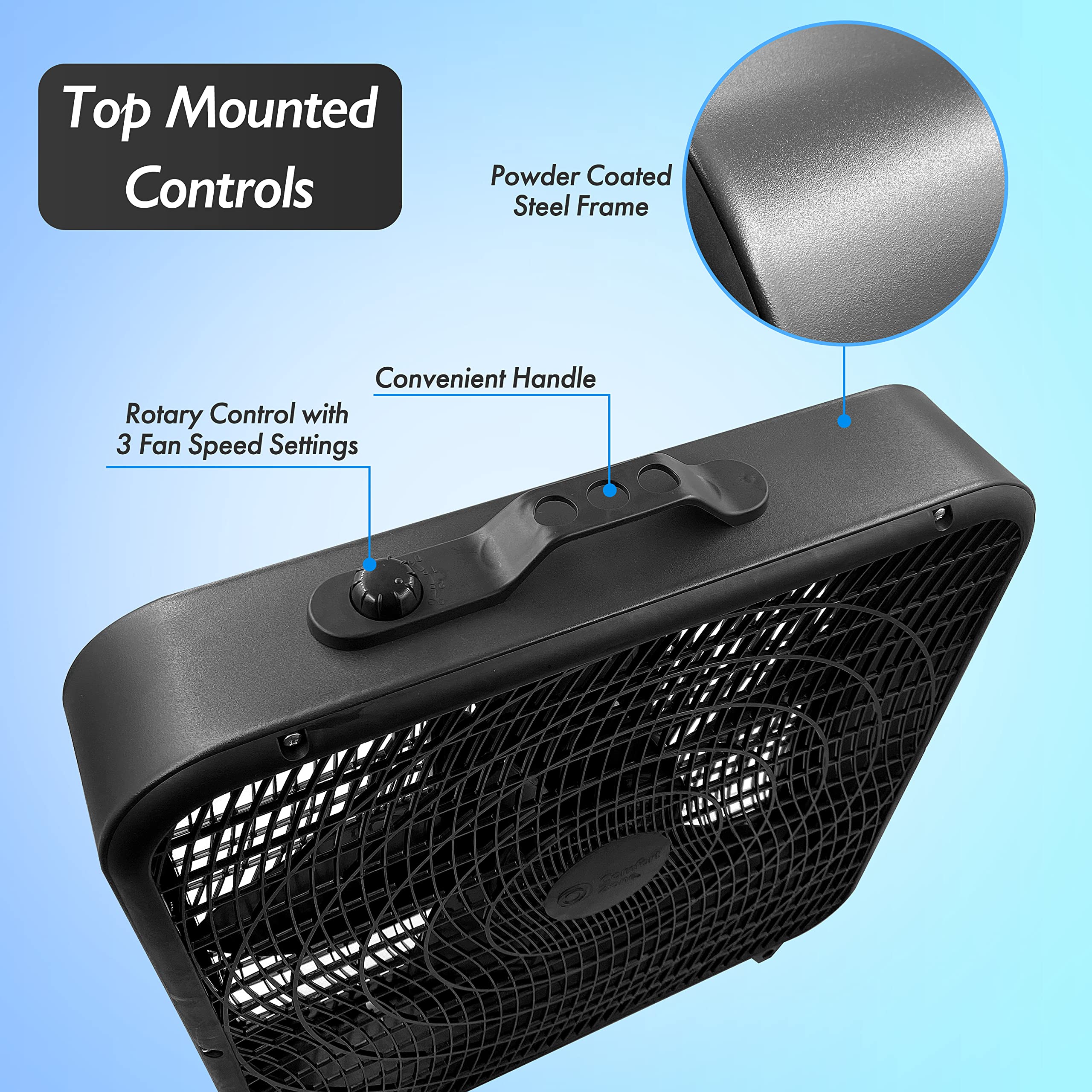 Comfort Zone Box Fan With Carry Handle, 20 Inch, 3 Speed Full Force Air Circulation With Air Conditioner, Floor Fan, Bedroom Fan