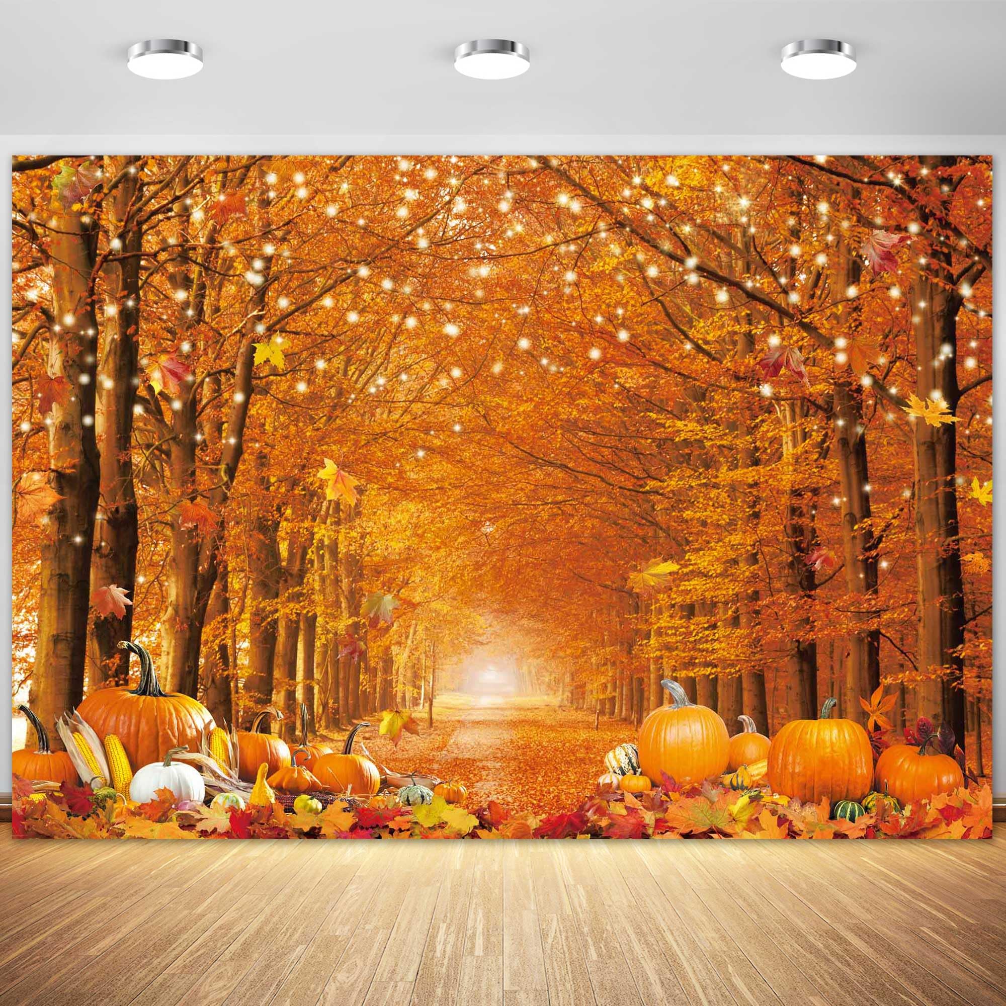 Fluzimir 7X5Ft Polyester Fall Autumn Photo Backdrop For Photography Autumn Forest Scenery Maple Leaves Pumpkins Background Fall