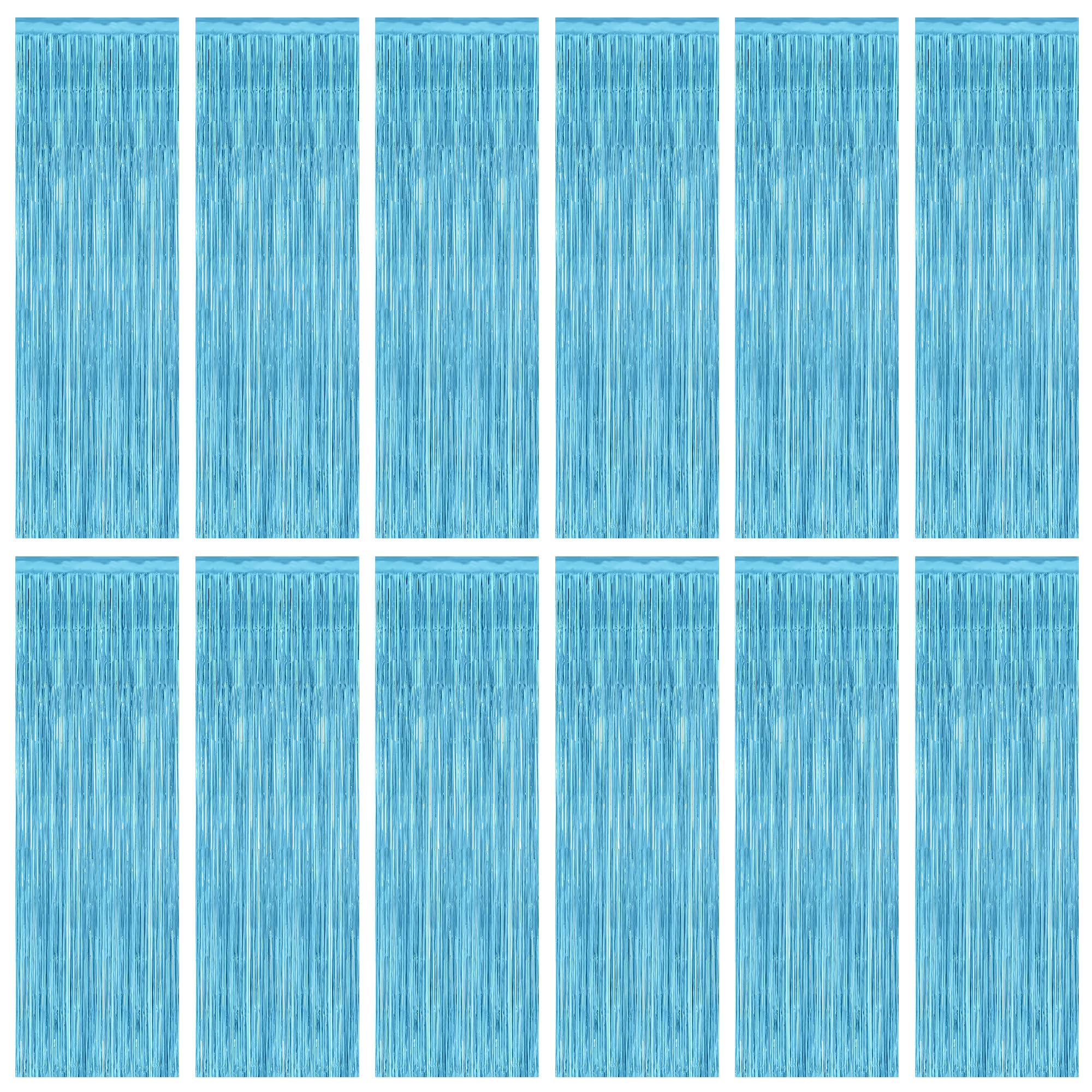 12 Pack Party Decorations, 3.28 FT x 7.05 FT Sky Blue Curtains, Metallic Party Streamers Photo Booth Backdrop Foil Fringe Curtai