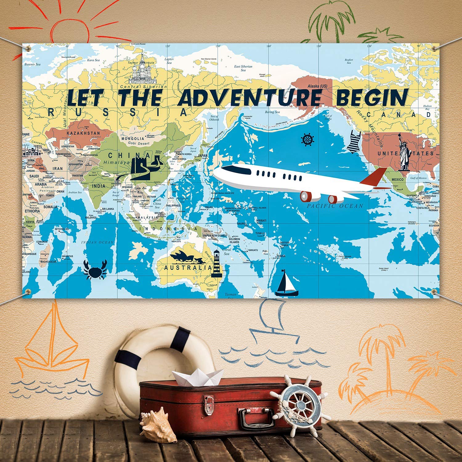 Blulu Adventure Awaits Airplane Backdrop Large Travel Theme Banner Decoration Let The Adventure Begin World Map Dessert Table Ba