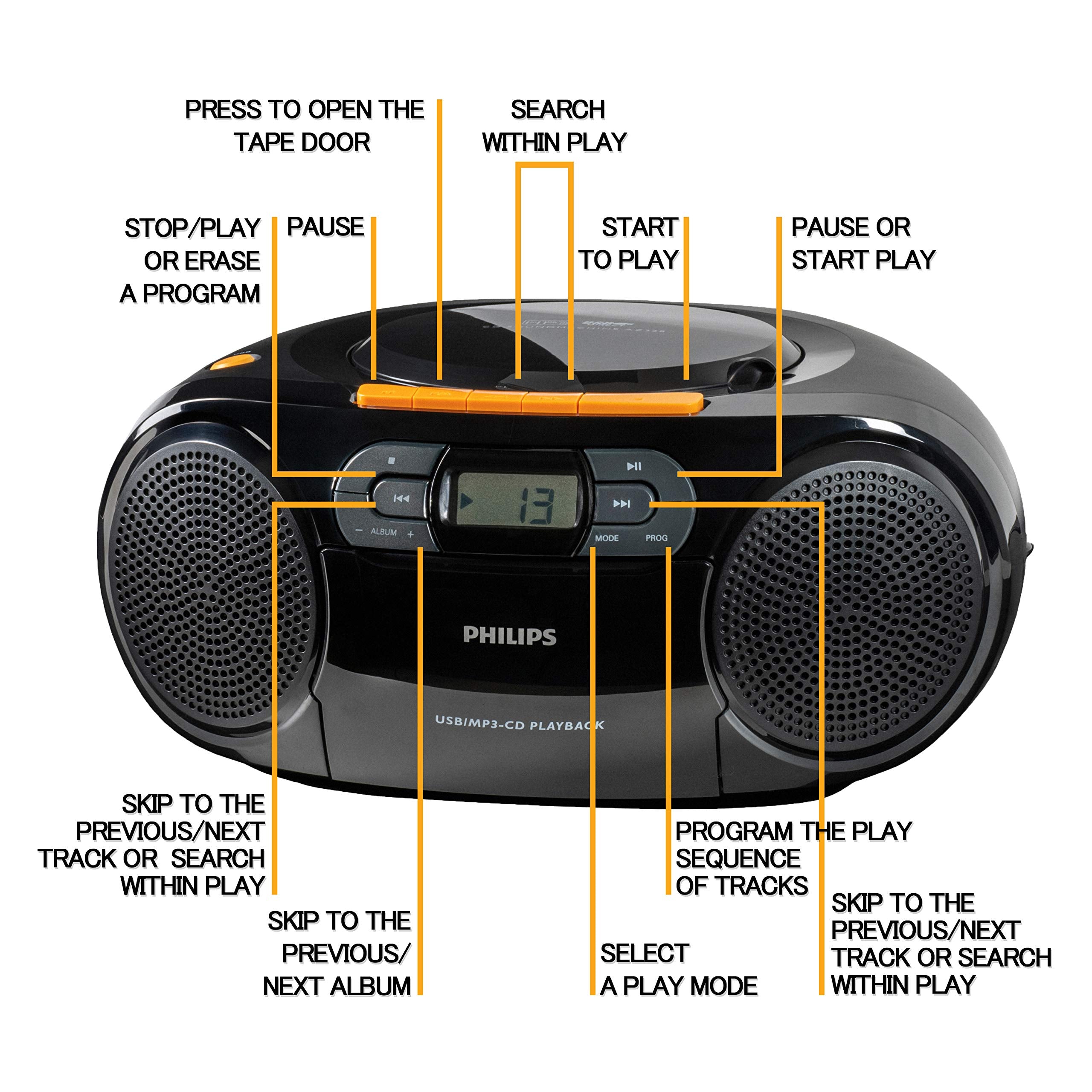 Philips Stereo Cd Player, Portable Cassette Player, Portable Boombox, Usb, Fm, Mp3, Tape, Cd Player Boom Box, Az328   Cd Player
