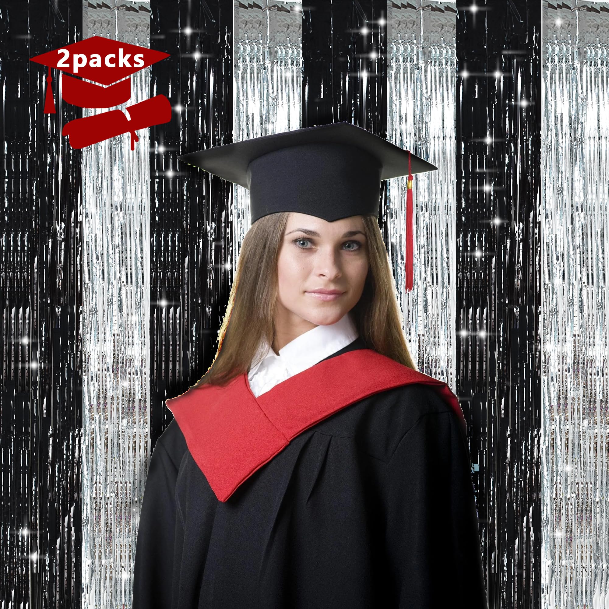 Toniful Silver Black Door Streamers,Silver And Black Photo Booth Backdrop Metallic Streamers Foil Fringe Curtain For Birthday,Ne