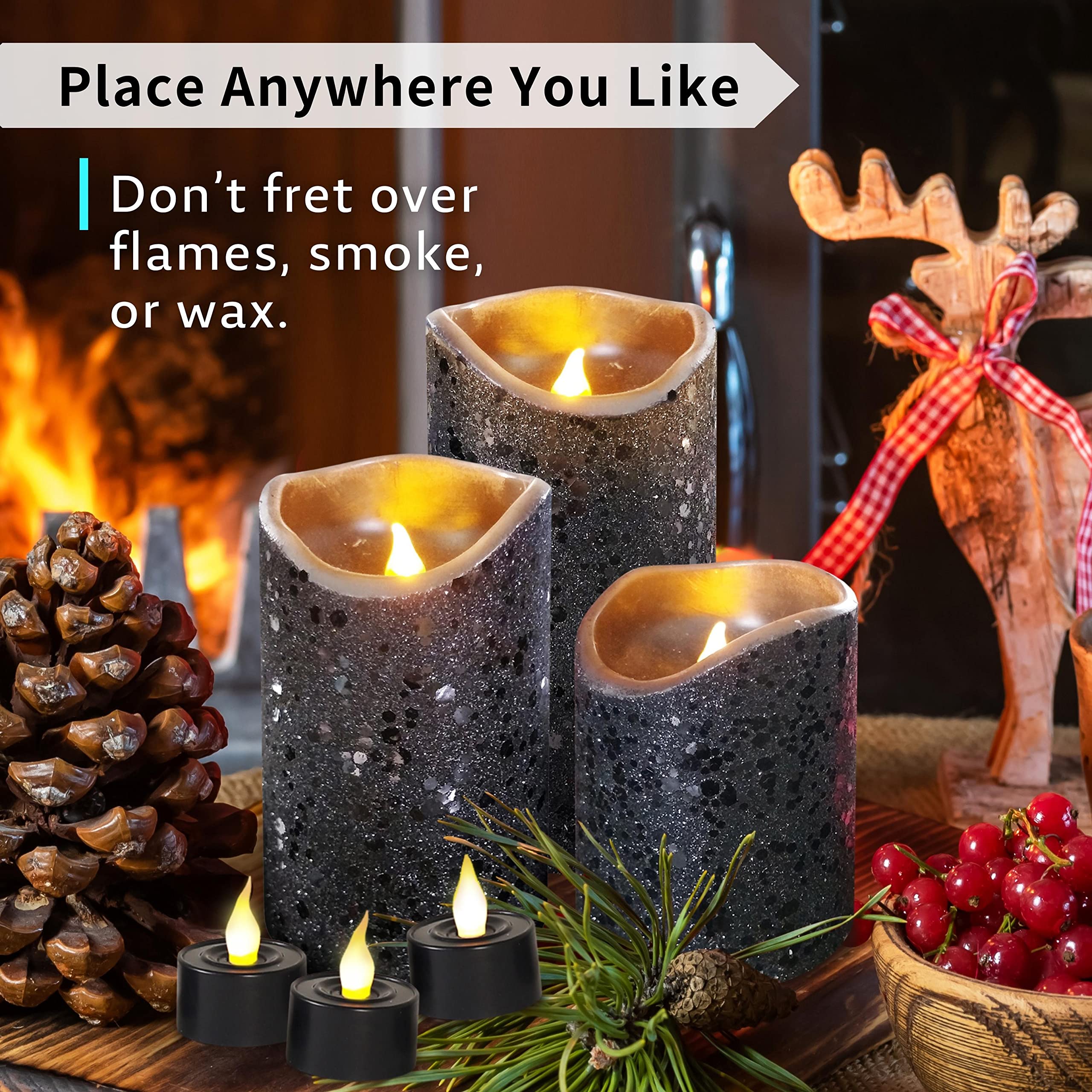 Furora Lighting Led Flameless Candles, Set Of 6 Battery Operated, Ideal For Home Decor With Timer Function, Black Glittery Finis