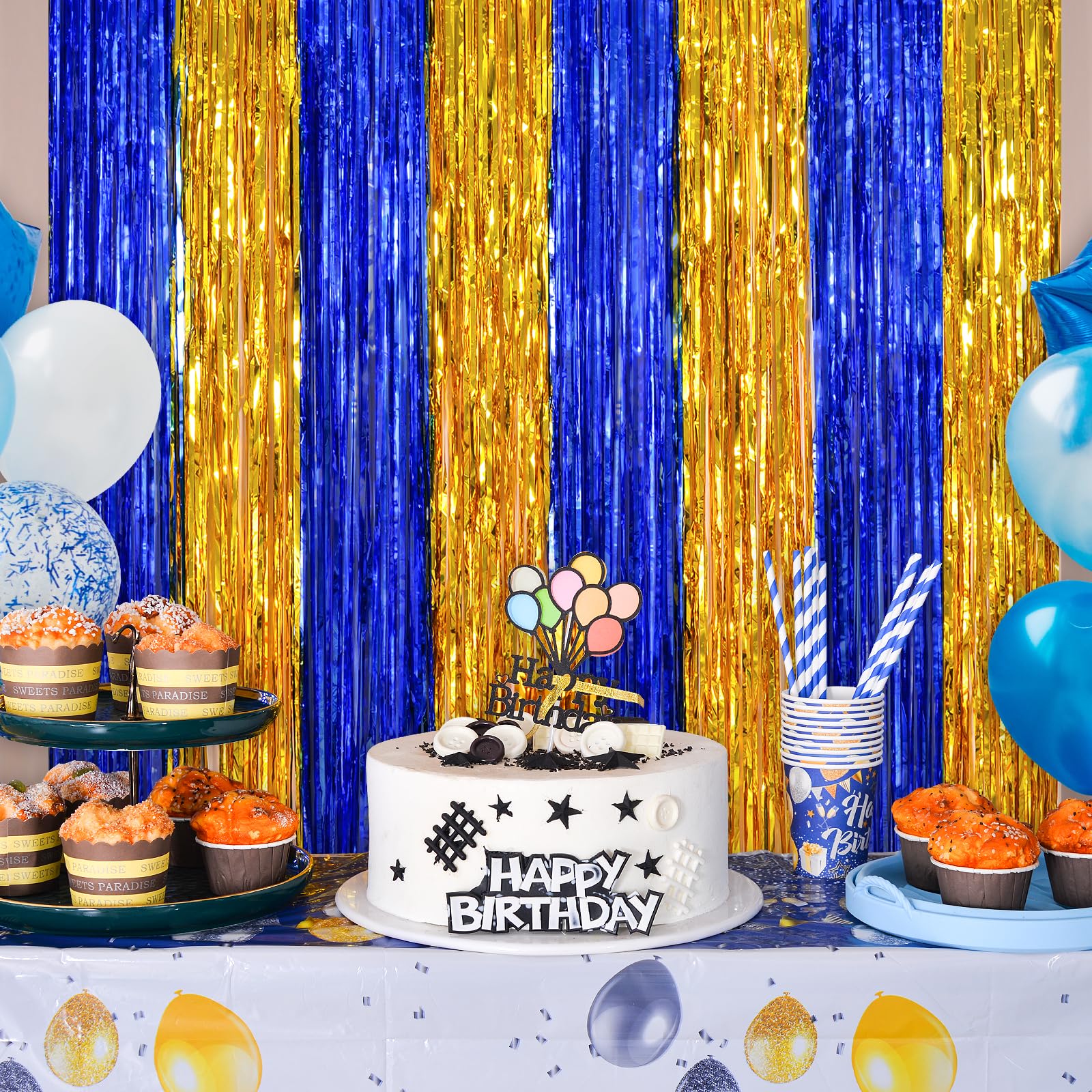 Lolstar 2 Pack Navy Blue And Gold Party Decorations, 3.3X6.6 Ft Foil Fringe Curtains, Tinsel Backdrop, Graduation Photo Booth Pr