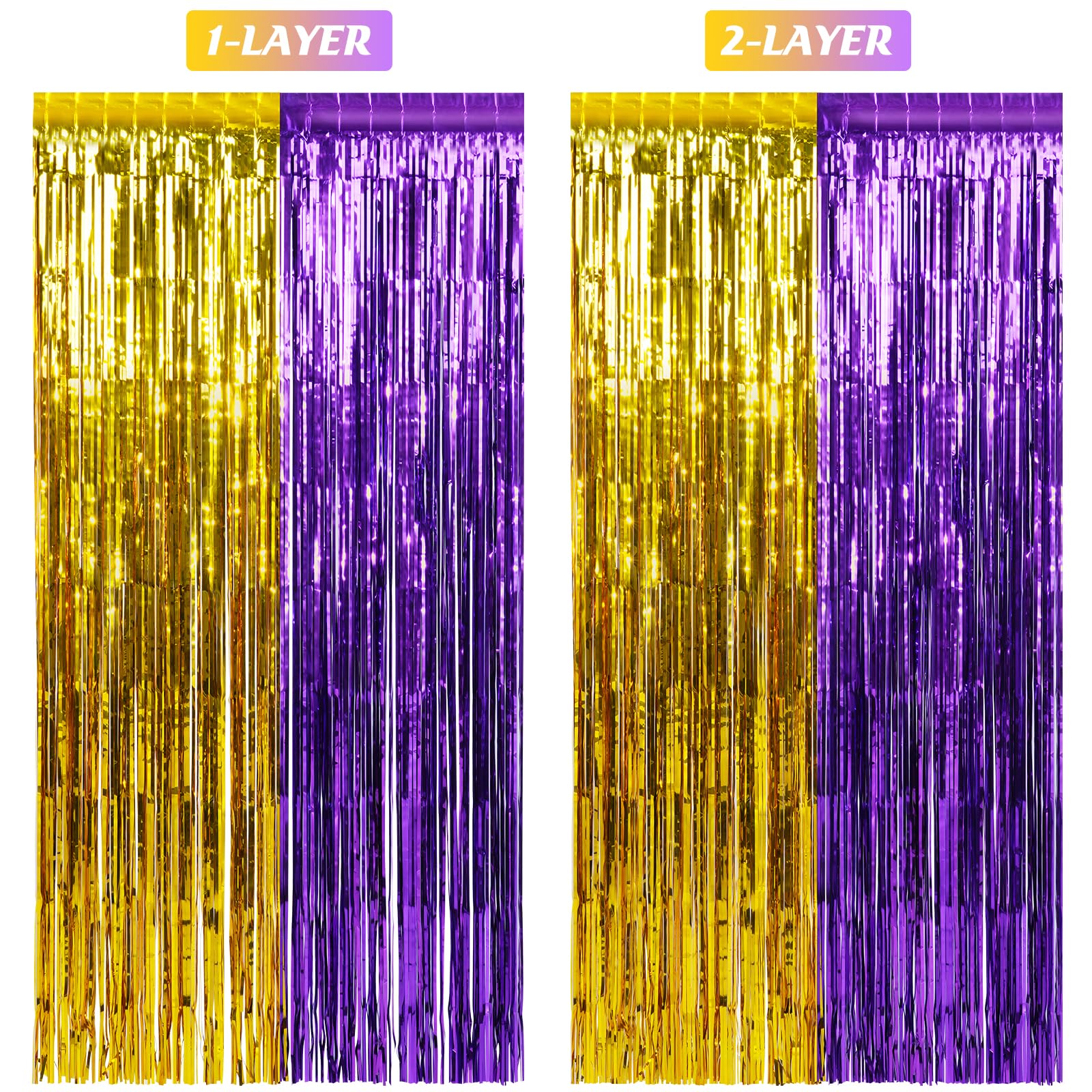3Pack 3.3Ft X 6.6Ft Graduation Foil Fringe Curtain Backdrop Decorations, Purple Gold Metallic Tinsel Foil Streamers Curtain Phot