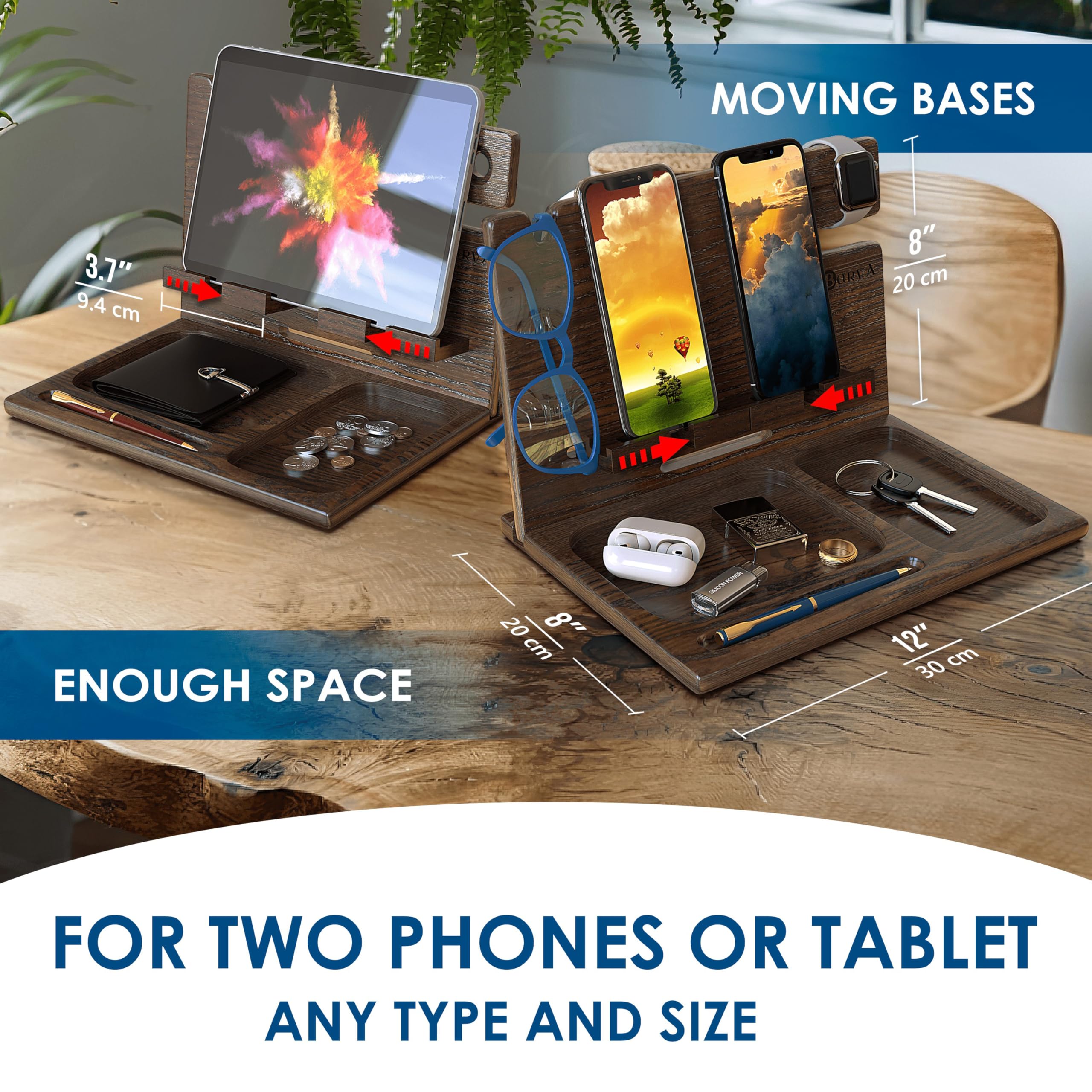Barva Two Phone Docking Station | Night Stand Desk Organizer | Wood Nightstand Organizer | Tablet Smart Watch Earbuds Charging S