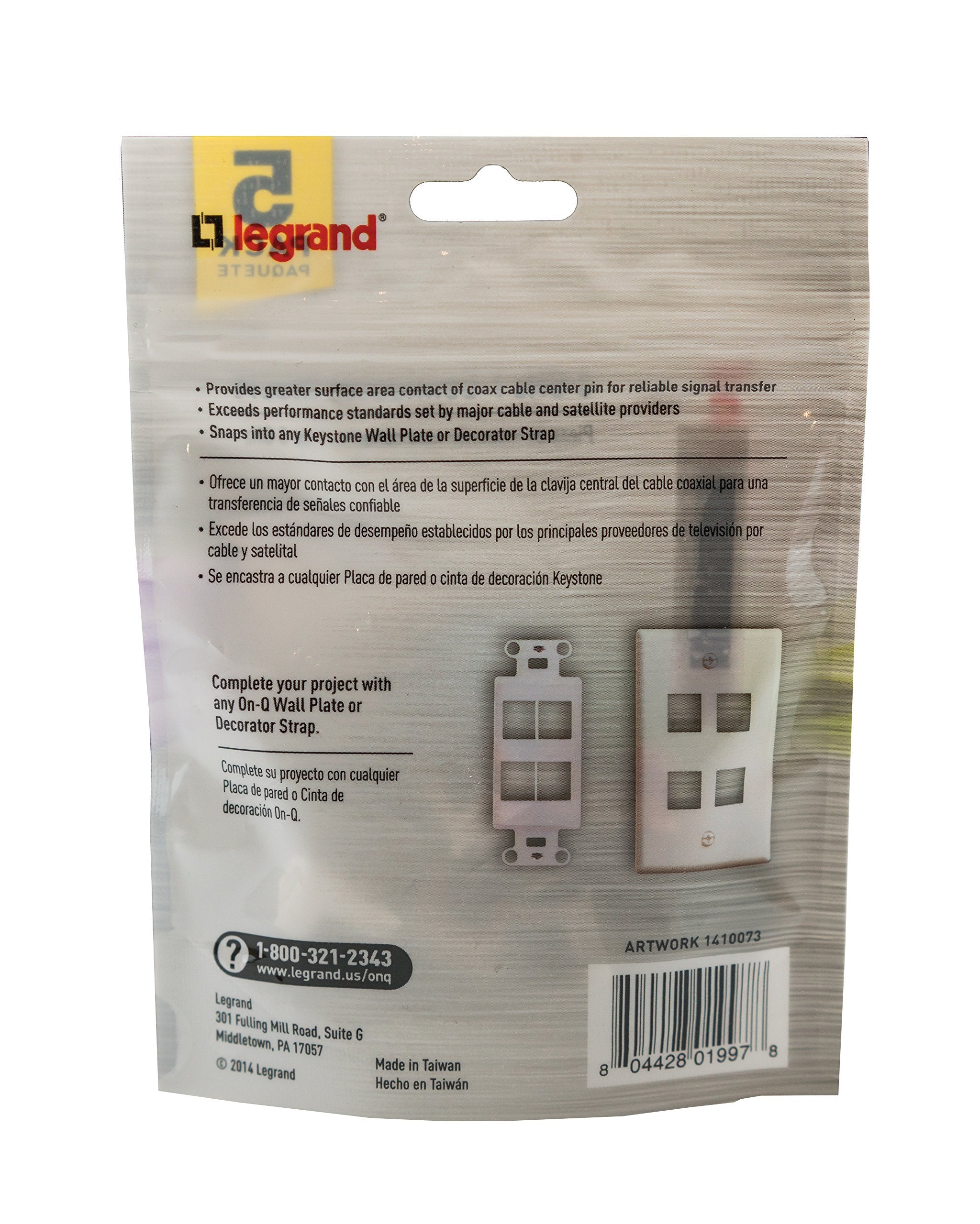 Legrand   Onq Recessed Keystone Coax Insert, F Keystone Connector, 3Ghz Keystone F 81 Coupler, Nickel, White, 5 Pack, F3481Whv5