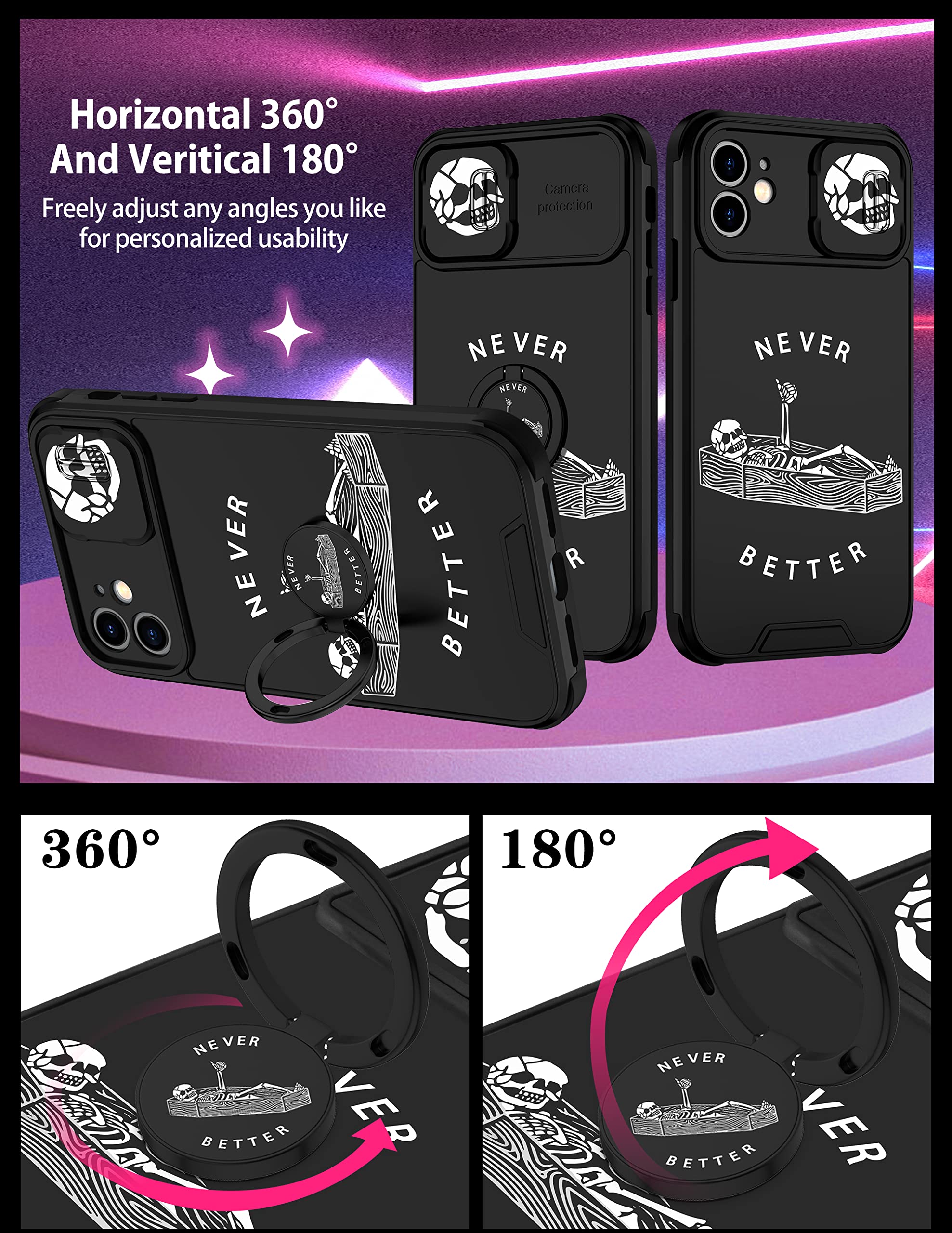 Goocrux (2In1 For Iphone 12 Case Skull Skeleton Women Girls Cute Gothic Phone Cover Ghost Horror Design With Slide Camera Cover+