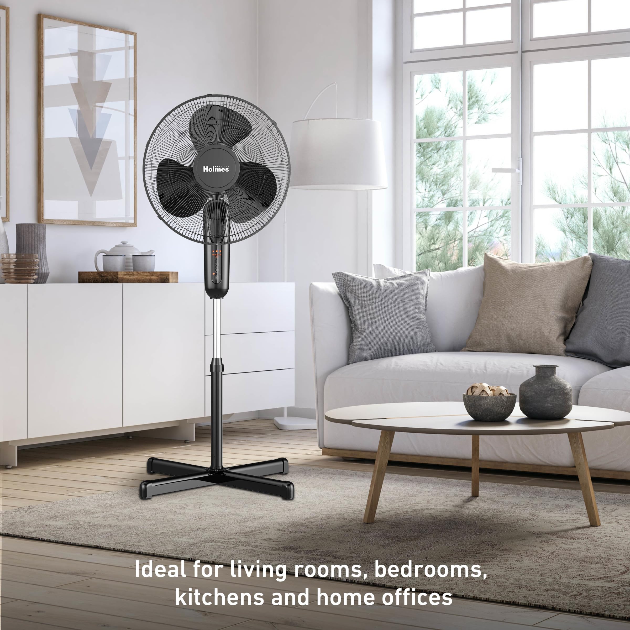 Holmes 16'' Digital Stand Fan, 80 Oscillation, 3 Speeds, 3 Modes, 7.5 Hour Timer, Adjustable Height, 30 Adjustable Head Tilt, Id