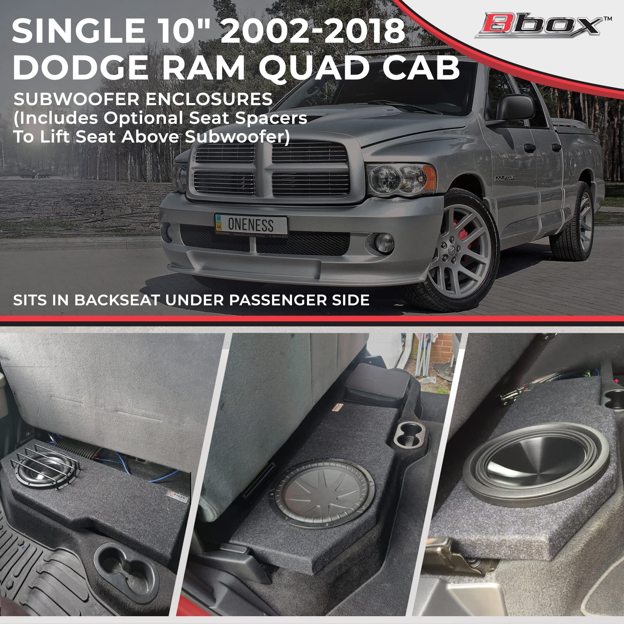 Atrend Bbox Single 10 Inch Subwoofer Sealed Enclosure - Fits 2002 - 2018 Dodge Ram Quad Cab - Carpeted Car Subwoofer Boxes & Enc