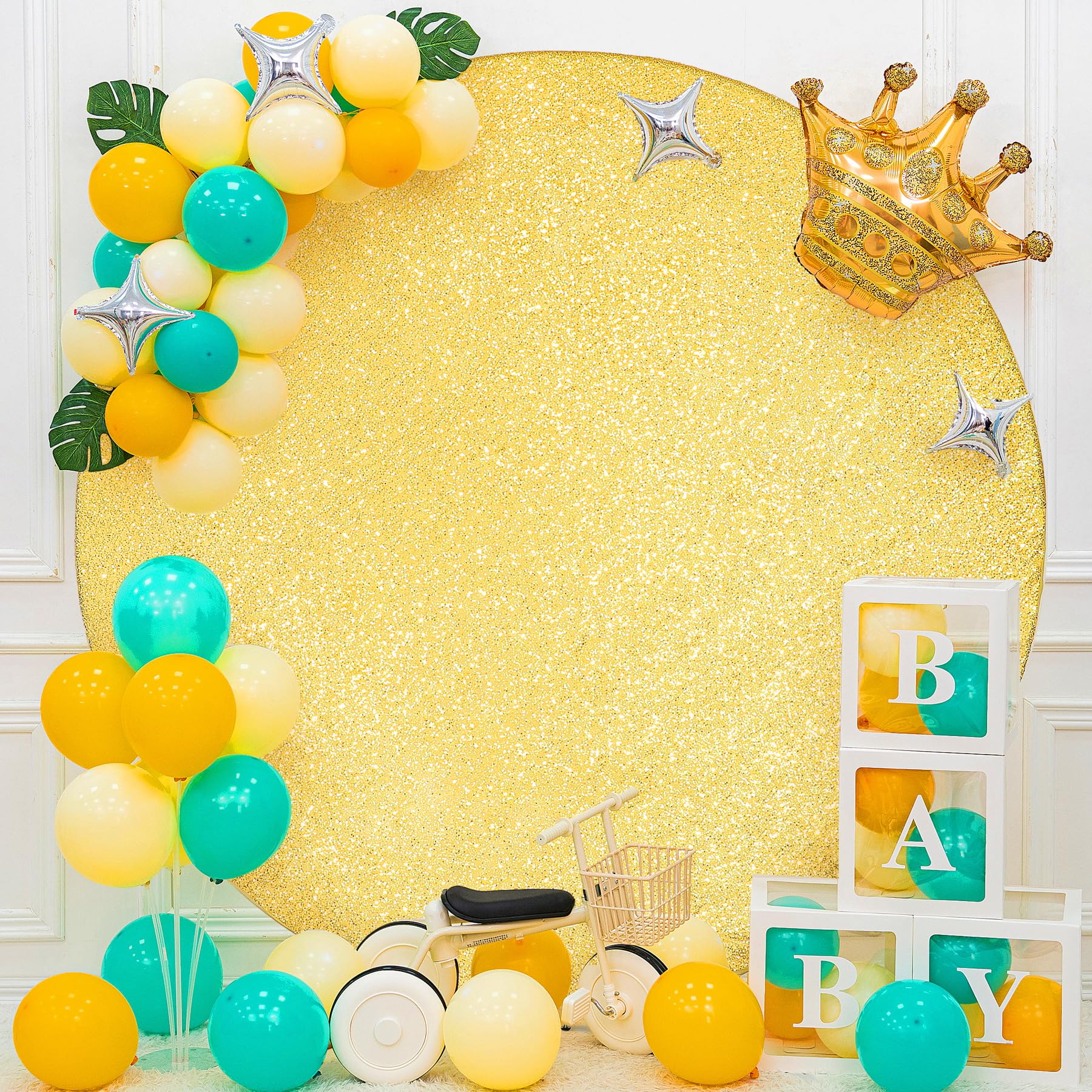 Gold Sequin Round Backdrop Cover 7.2Ft Glitter Circle Backdrop Cover Beautiful Sparkly Photo Backdrop Balloon Arch Cover For Bir