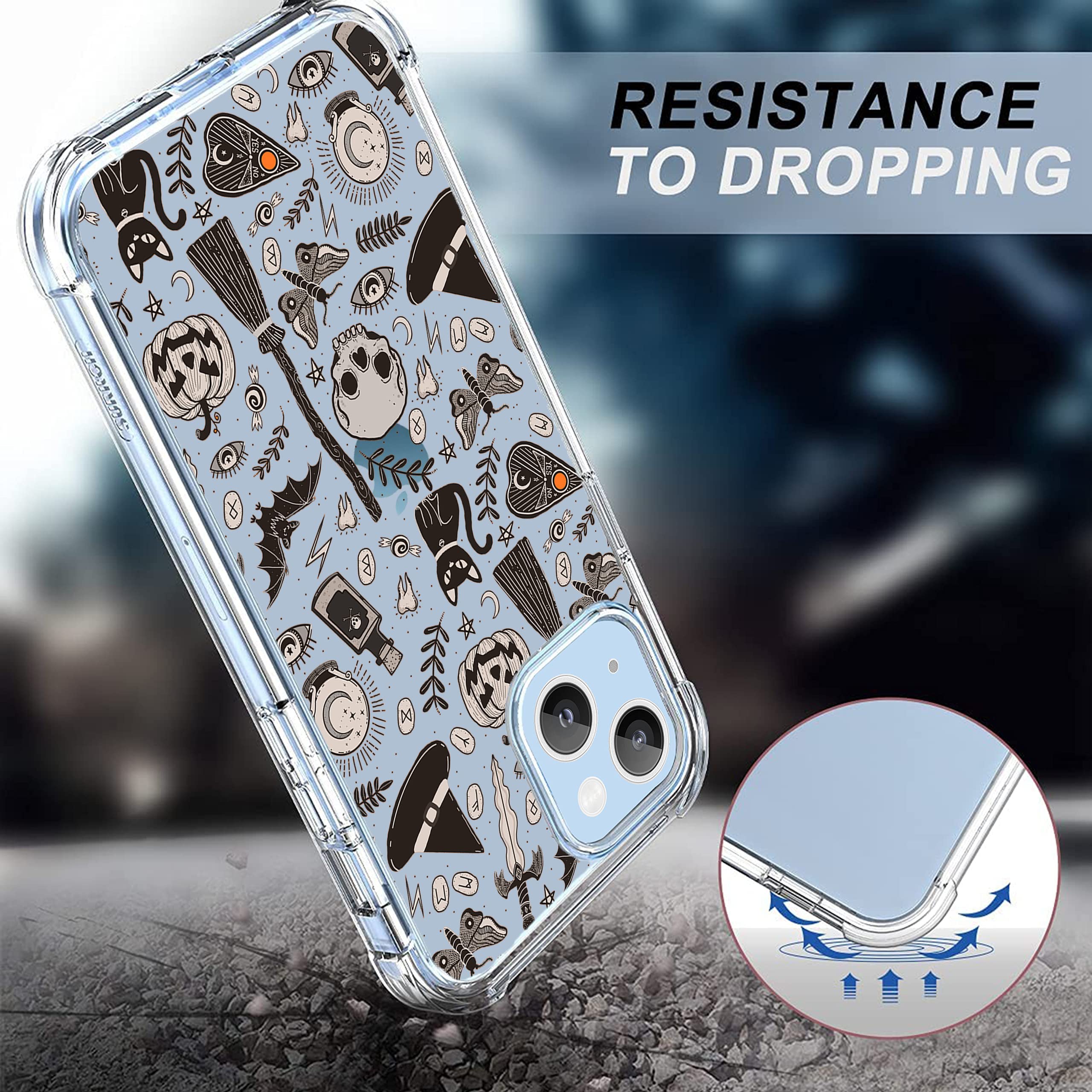 Vesidurt Black Halloween Clear Case For Iphone 13,Pumpkin Skull Bat Pattern For Men Women,Trendy Transparent Soft Tpu Bumper Cas