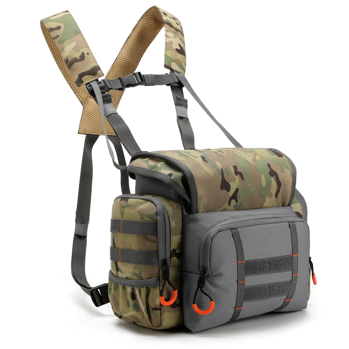 Turnway Binocular Harness Chest Pack Large Capacity, Adjustable Bino Case With Rangefinder Pocket, Rain Cover For Hunting (Camog