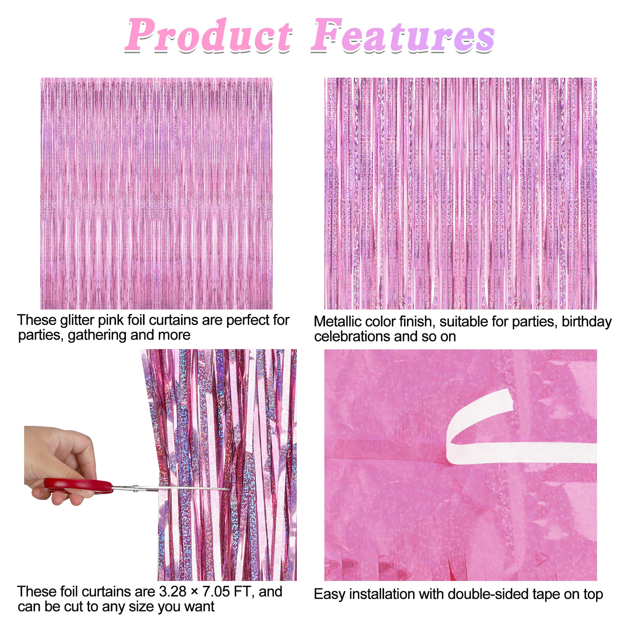 2 Pack Glitter Pink Backdrop, 3.28 Ft X 7.05 Ft Valentines Party Decorations, Laser Pink Fringe Curtains Foil Streamer Tinsel Ba