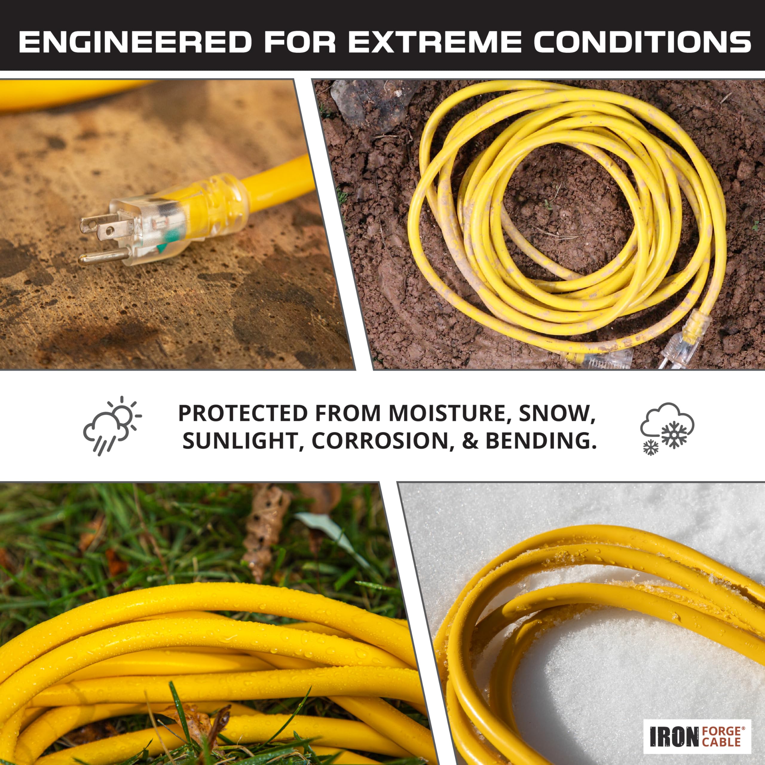 Iron Forge Cable 15 Foot Lighted Outdoor Extension Cord   12/3 Sjtw Heavy Duty Yellow Extension Cable With 3 Prong Grounded Plug