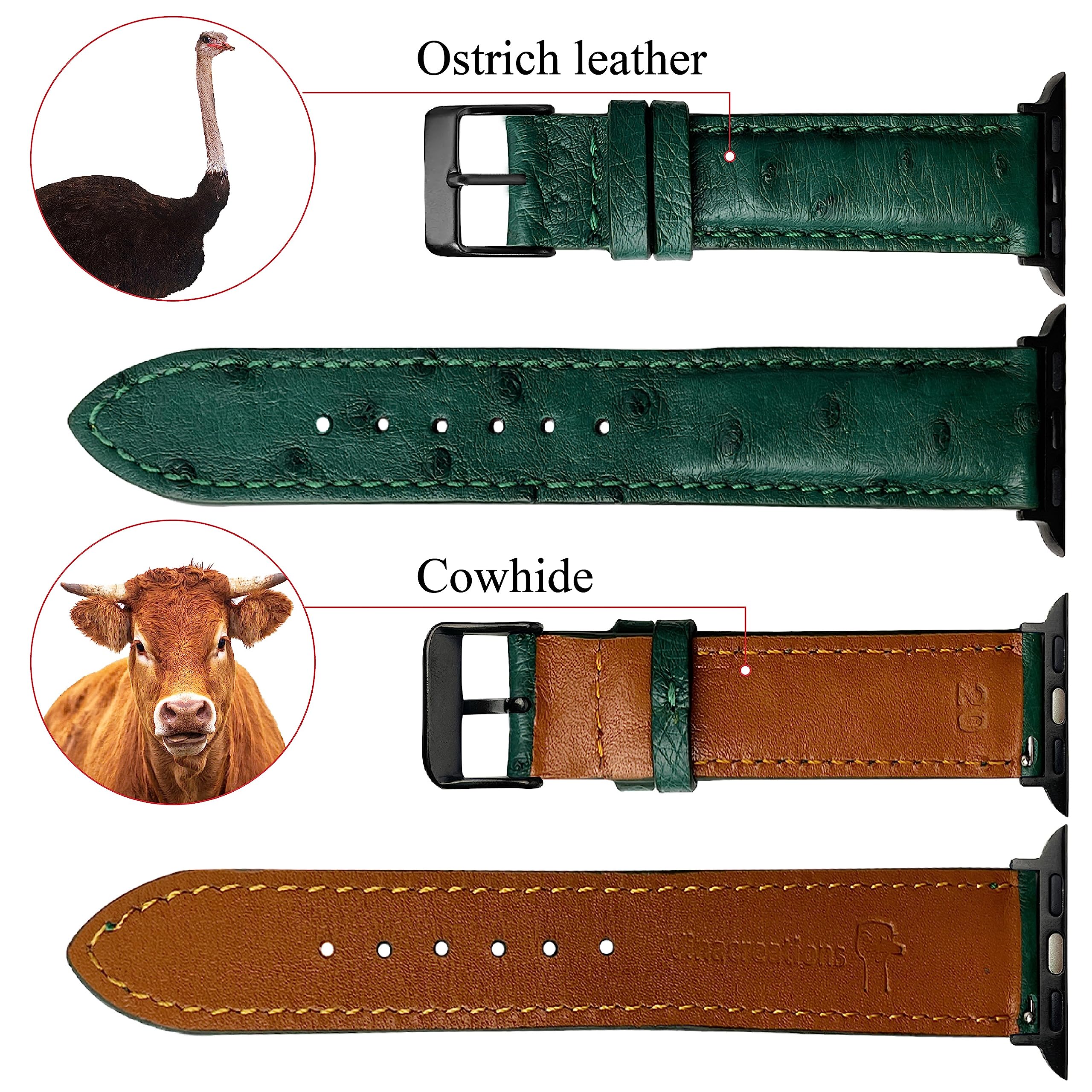 Green Ostrich Leather Band Compatible For Apple Watch 41Mm 40Mm 38Mm For Iwatch Men Replacement Strap Smartwatch Series 8 7 6 5