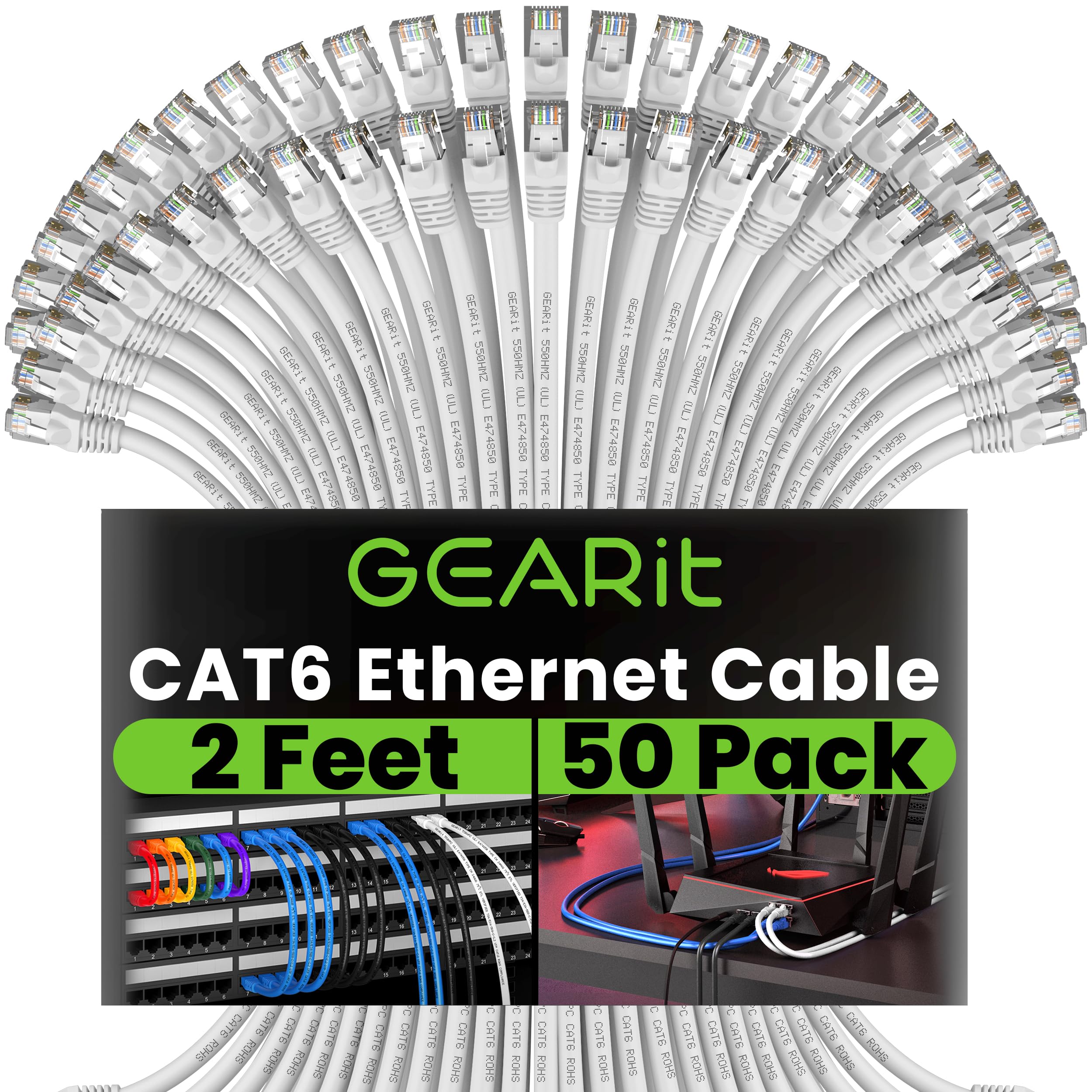 GEARit Cat 6 Ethernet Cable (50-Pack 2 Feet) Cat6 Network Patch, 10Gbps, RJ45, Snagless Cord, Gold-Plated Connectors, Internet f