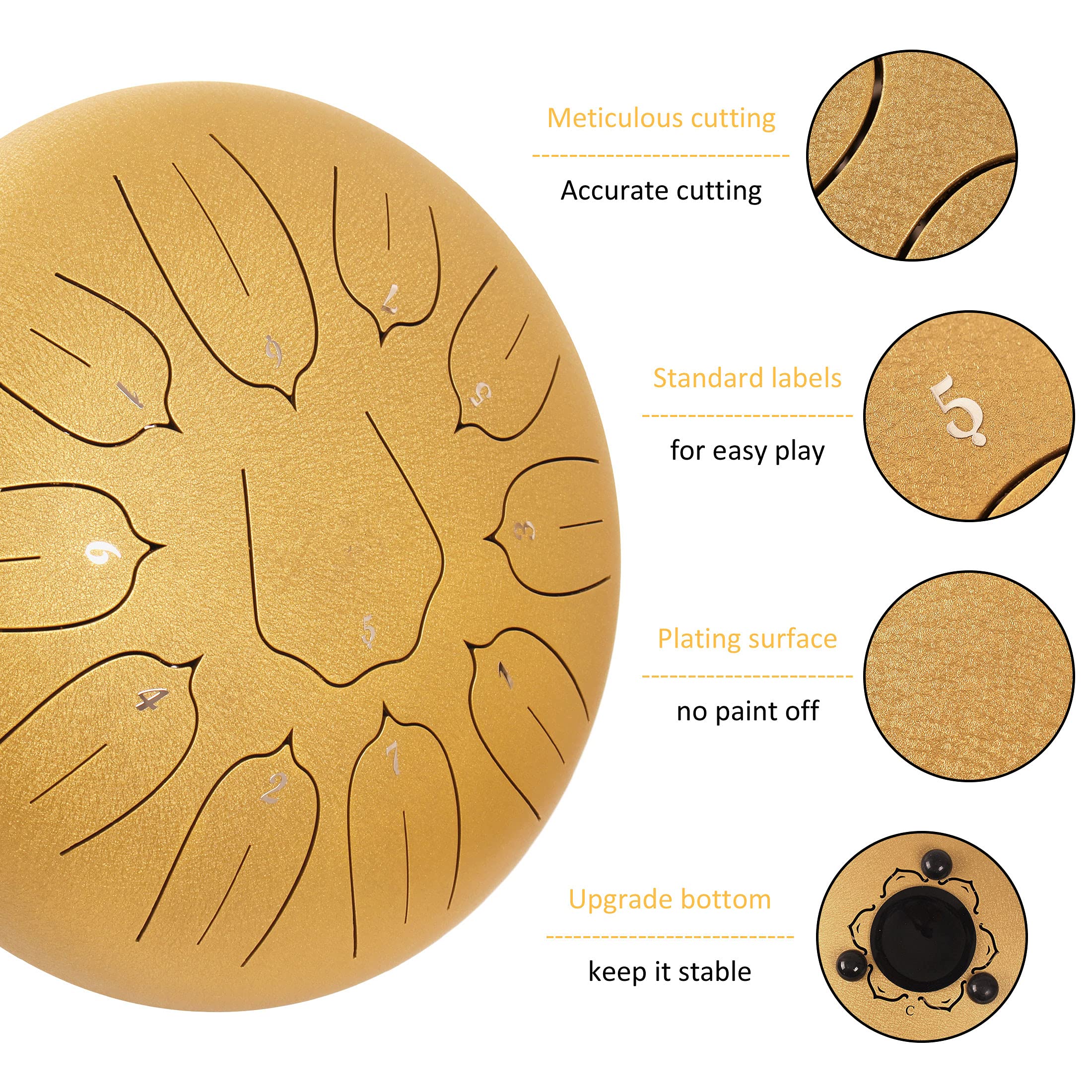 Lomuty 12 Inches 11 Notes Steel Tongue Drum Percussion Instrument  Handpan Drum With Bag, Music Book, Mallets, Finger Picks Gold