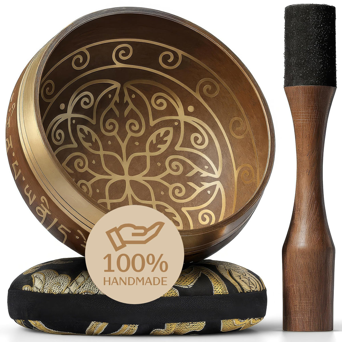 Handmade Tibetan Etched Singing Bowl Set - Sound Bowl & Meditation Bow ...