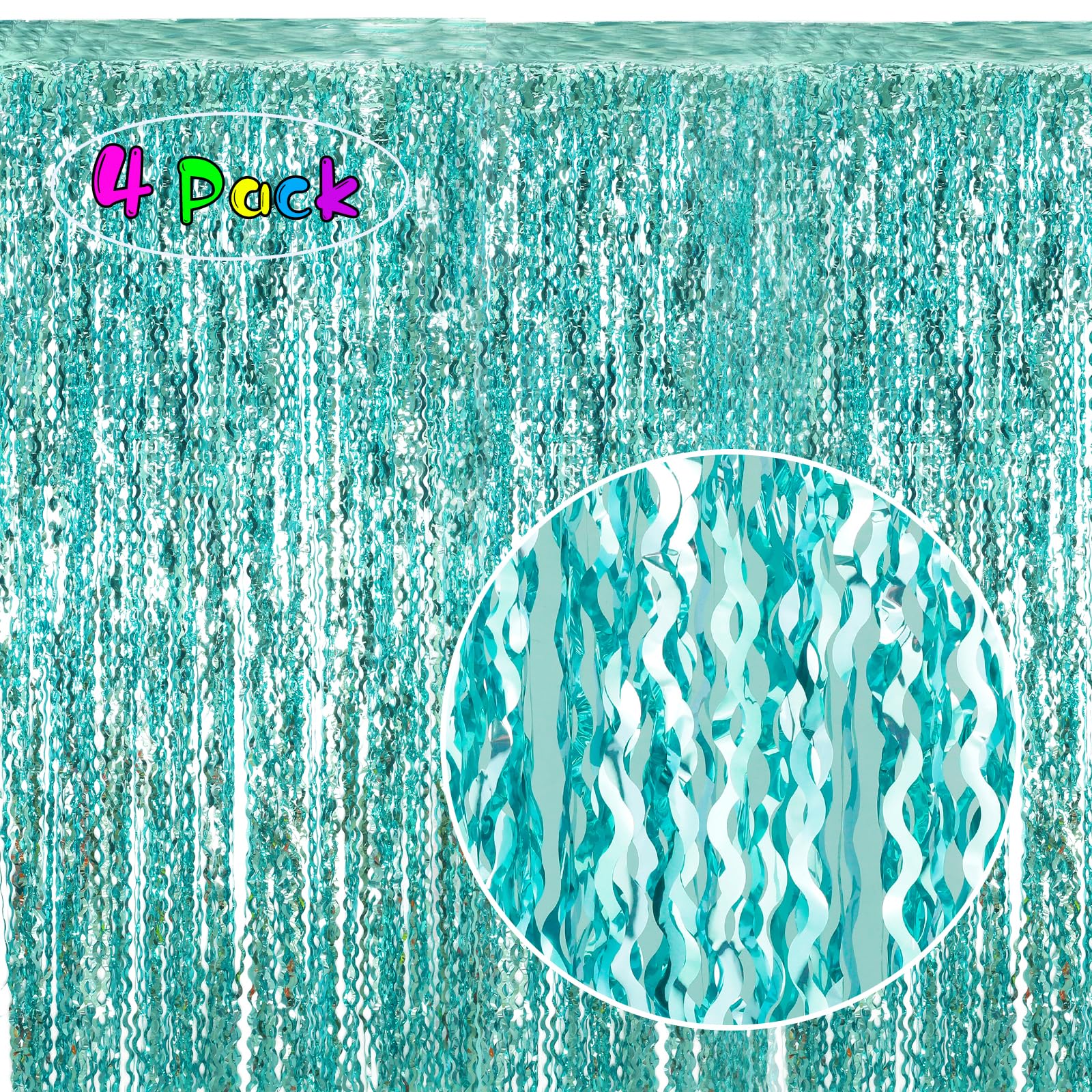 4 Pack 3.3 Ft X 6.6 Ft Wavy Aqua Teal Blue Tinsel Foil Fringe Curtains Backdrop   Wave Metallic Foil Curtains For Wedding Girl P