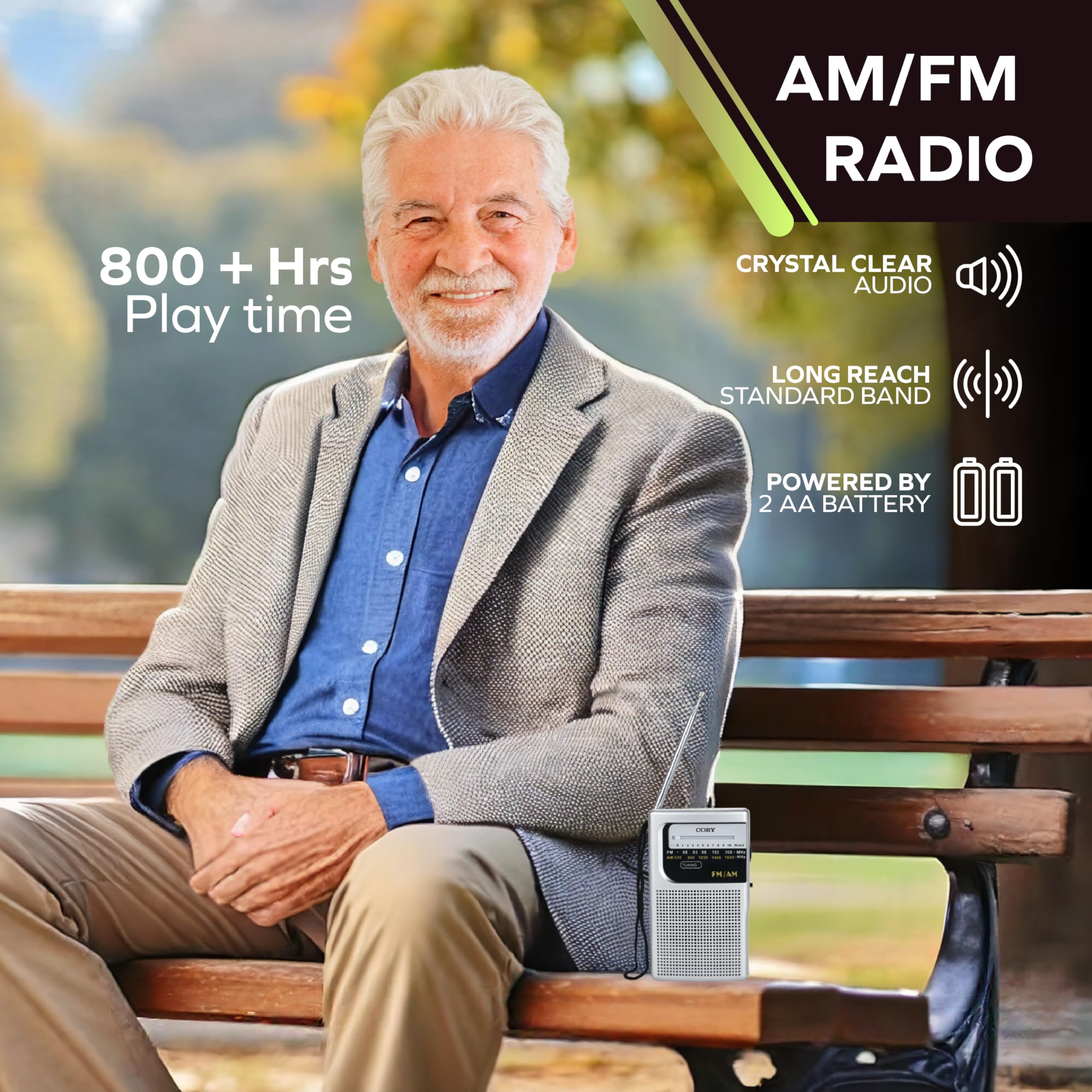 Coby Portable Radio, Am/Fm, Pocket Radio, 800-Hr Battery, Indoor Outdoor Mini Radio, Emergency Radio, Compact, Retro Transistor