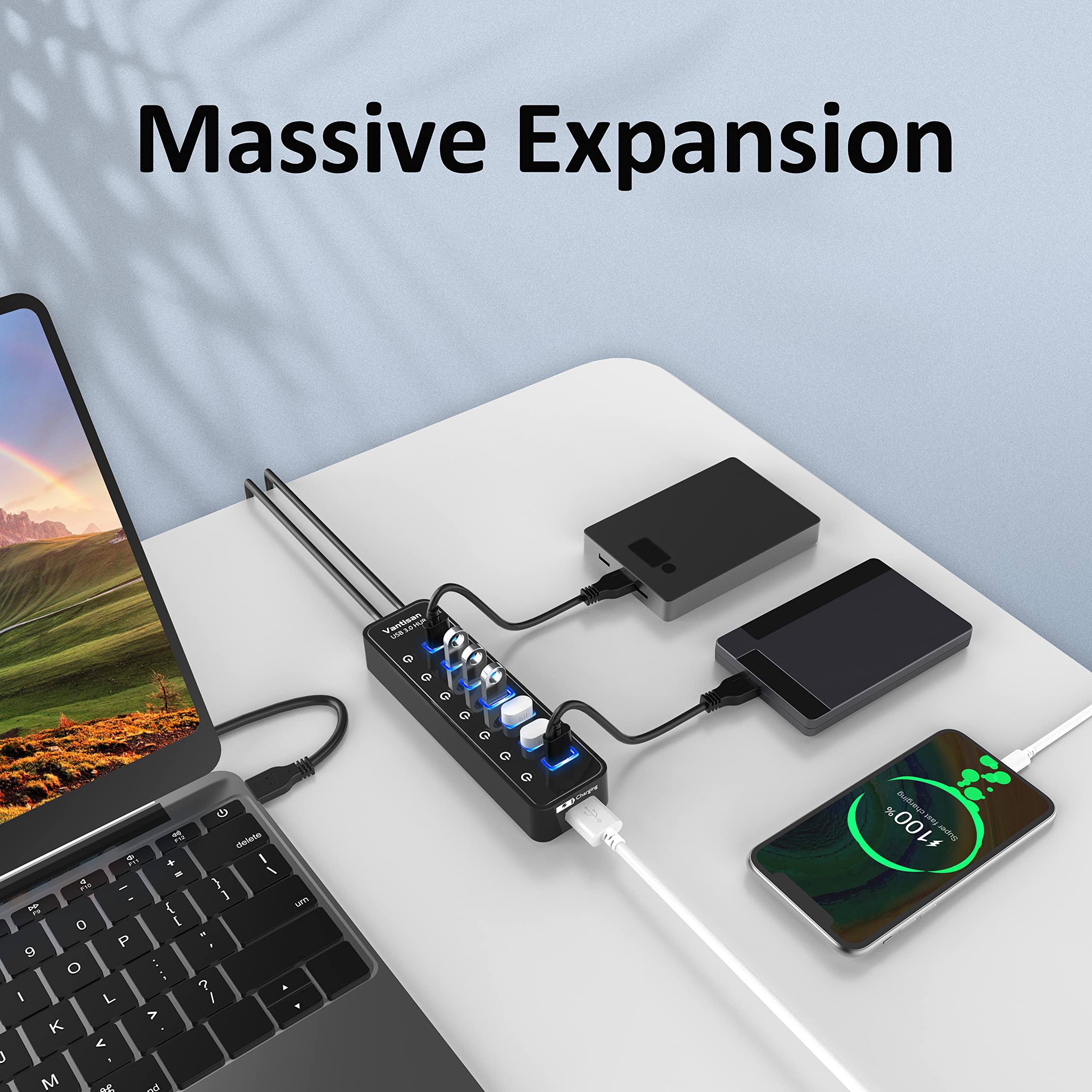 Vantisan Usb Hub 3.0 Powered, 7 Ports Usb Data Hub Splitter With One Smart Charging Port And 5V/4A Powered Adapter And On/Off Sw