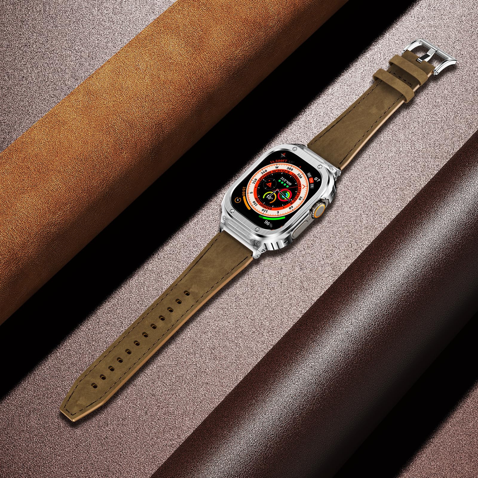 Suplink Leather Watch Bands With Stainless Steel Case Compatible With Apple Watch Ultra 2 Band 49Mm,Genuine Leather Replacement