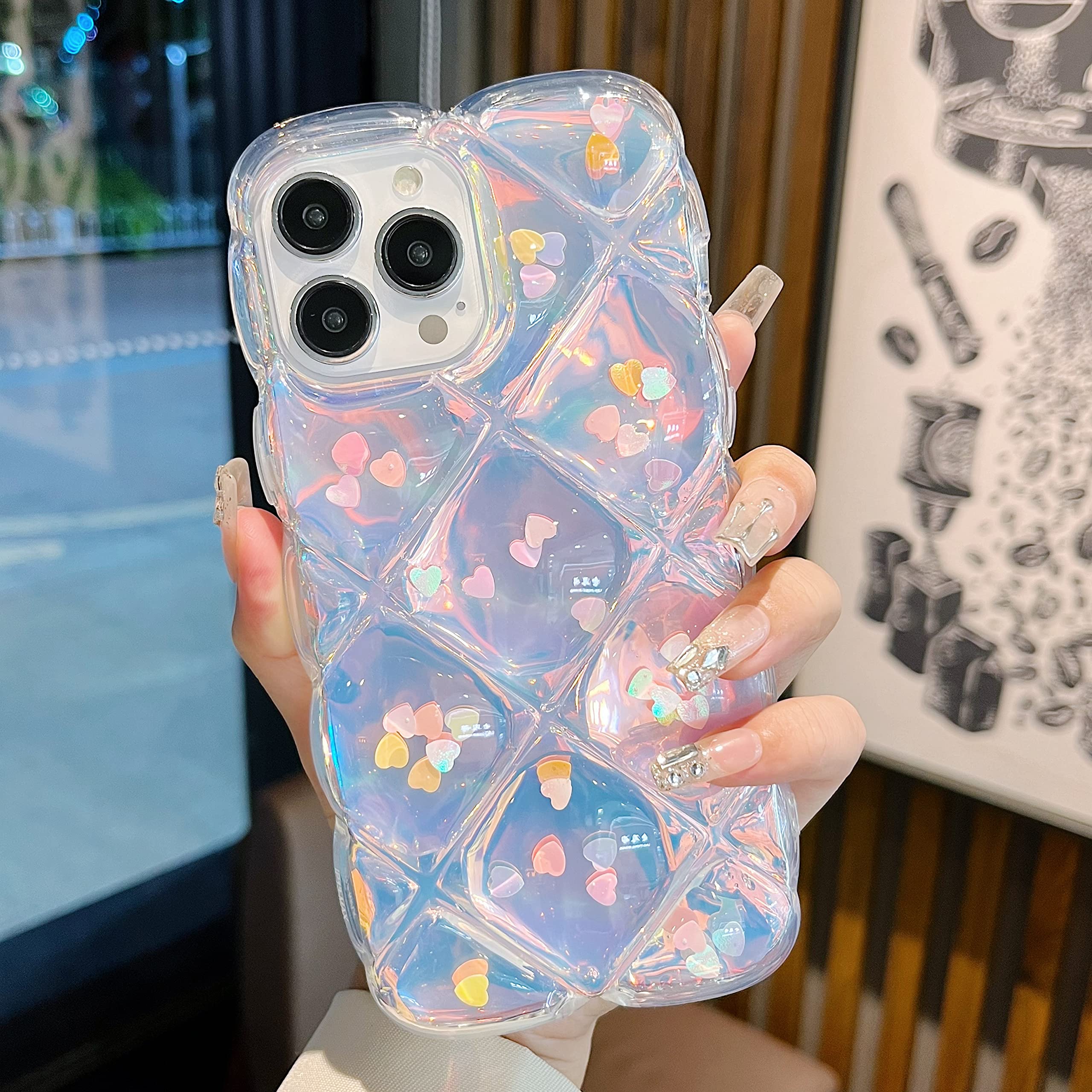 Qokey iPhone 14 Pro Max Phone Case Laser Bling Love Heart Glitter Clear TPU Shockproof Wave Frame with Card Slot 6.7 inch
