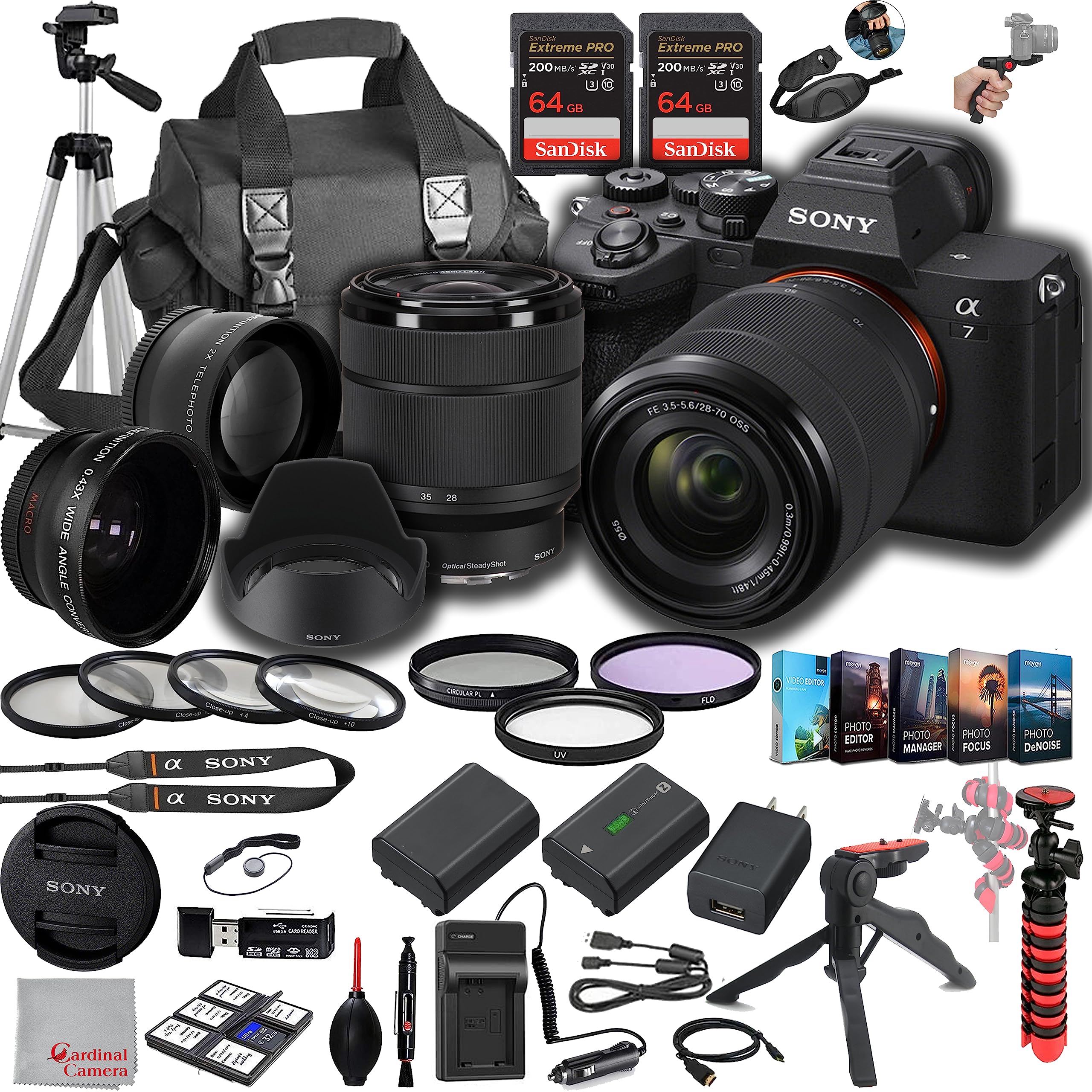 Sony a7 IV Mirrorless Digital Camera 33MP w/ 28 70mmmm Lens, 128GB Extreem Speed Memory,.43 Wide & 2X Lenses, Case. Tripod, Filters, Hood, Grip,Spare Battery & Charger, Software Kit  Deluxe Bundle