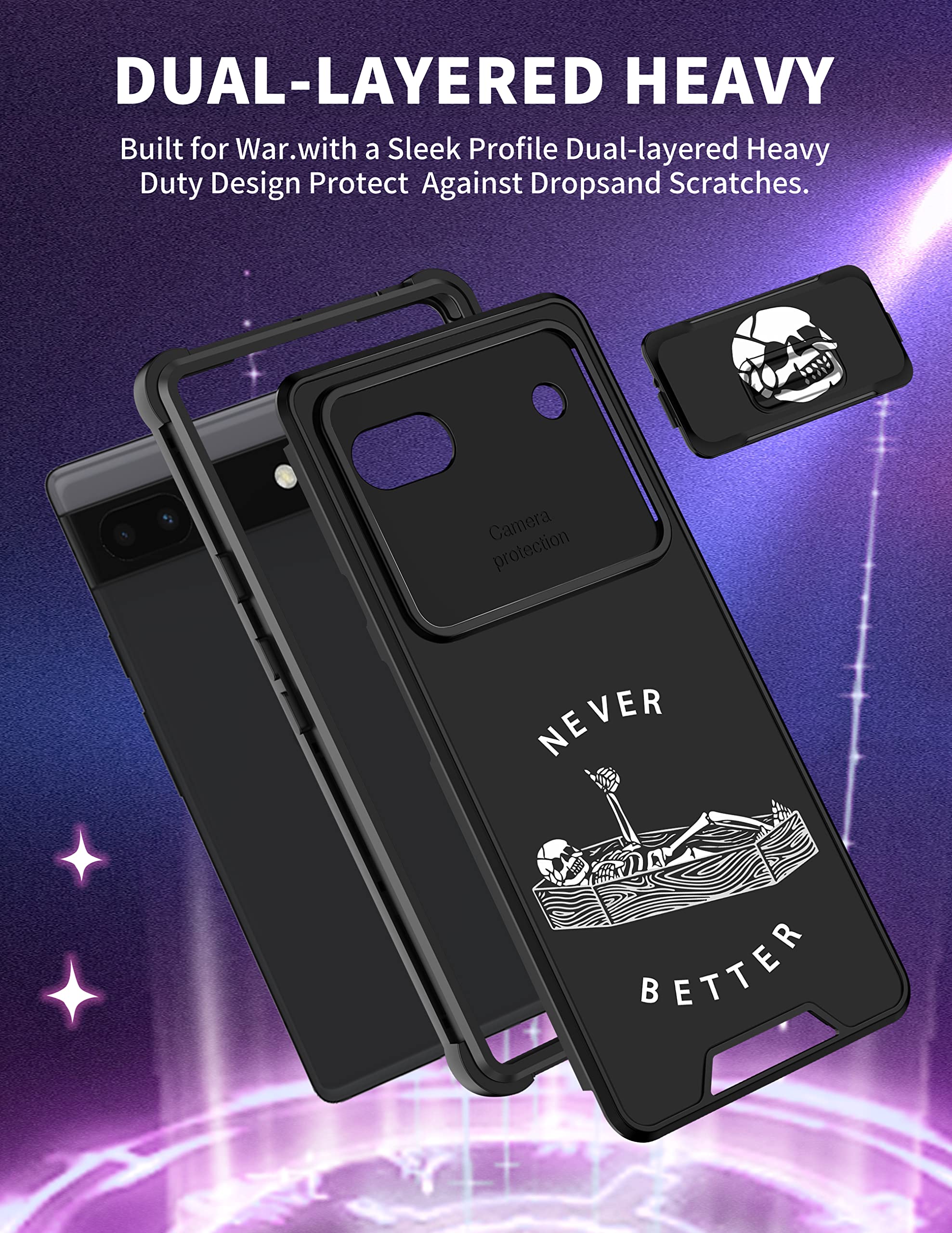 Goocrux For Google Pixel 6A Case Skeleton Gothic For Women Girls Cute Skull Phone Cover Funny Ghost Horror Goth Design With Slid