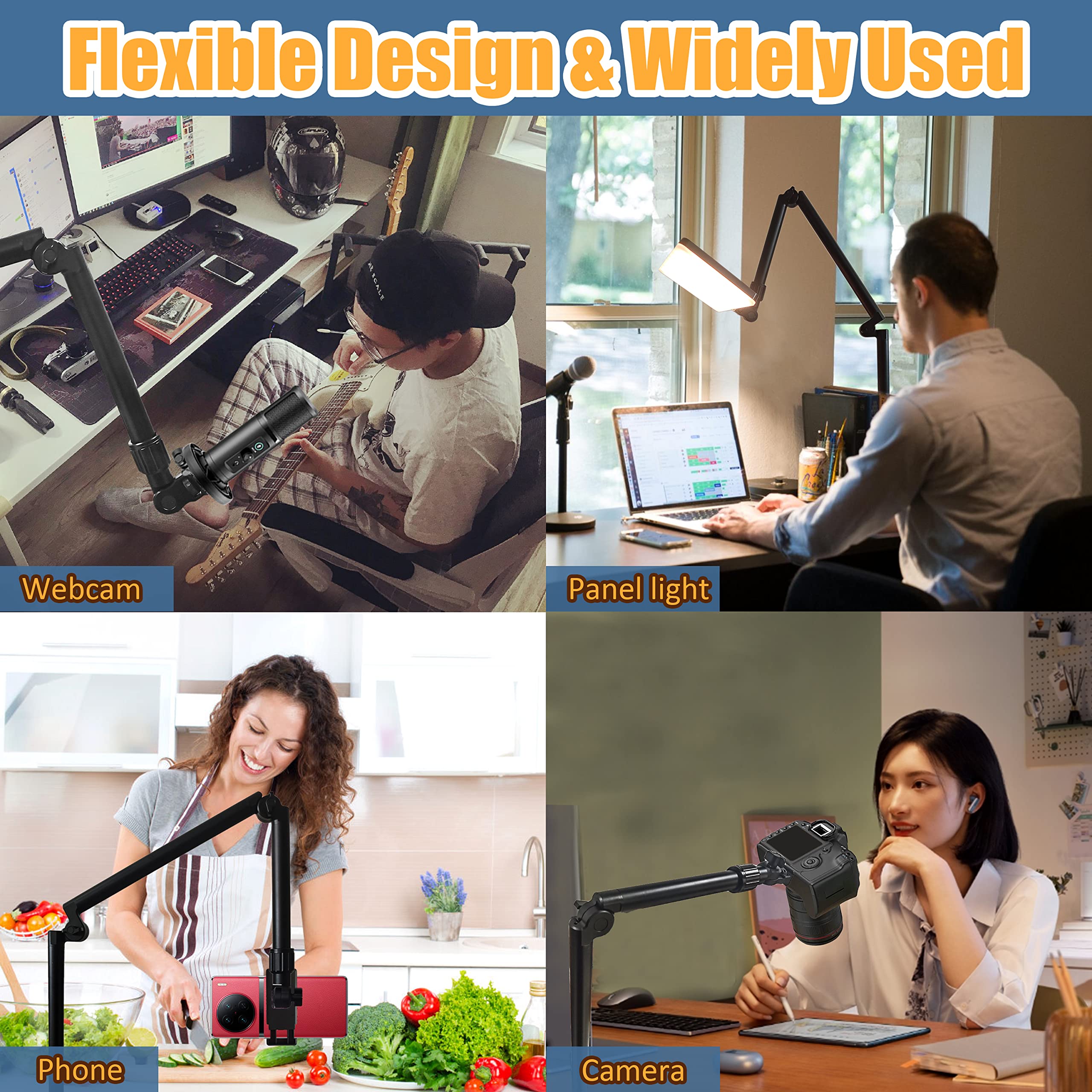 Overhead Camera Mount Desk Stand, Bearing 18Lb, Base& Top 360 Adjustable, With 1/4 3/8'' 5/8'' Screw, 3 Section Flexible Articul