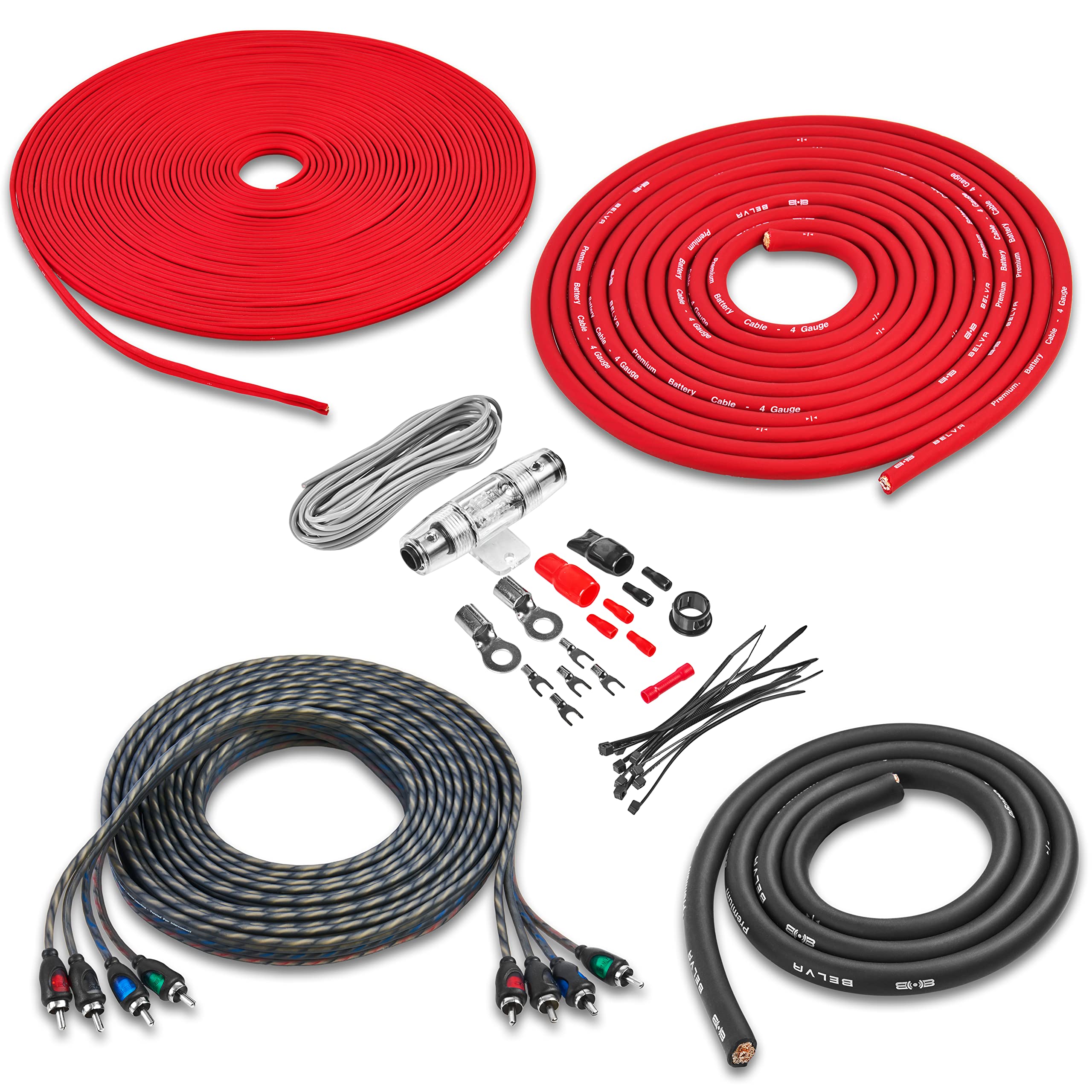 Belva True 4 Gauge Awg Premium Cca Complete Amplifier Wiring Kit With Ofc 4 Channel Rca Cable   Bak44 Red