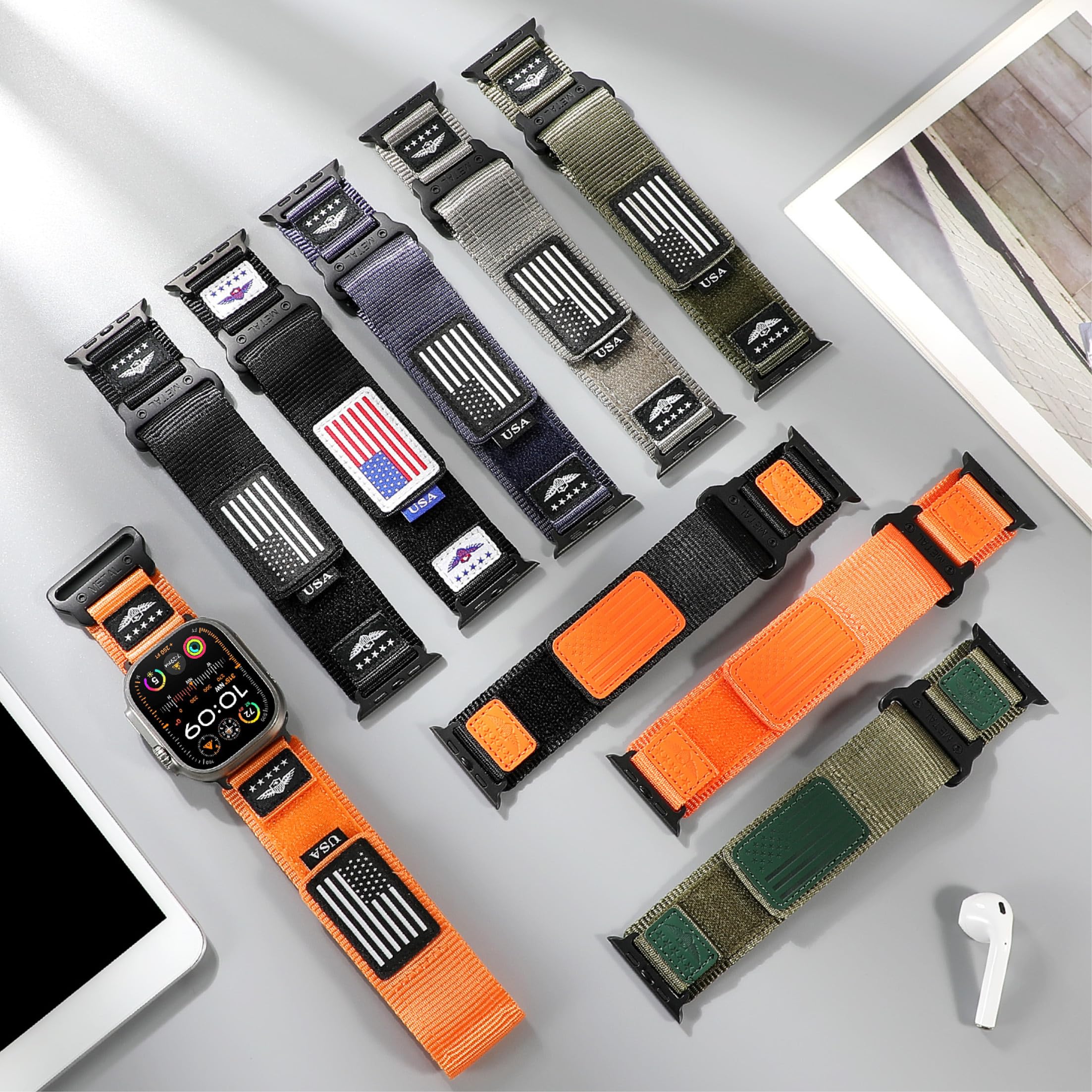 Rugged Nylon For Apple Watch Ultra 2 Band 49Mm Iwatch Bands 46Mm 45Mm 44Mm 42Mm Men,Soft Woven Adjustable Stars Stripes Flag Wri