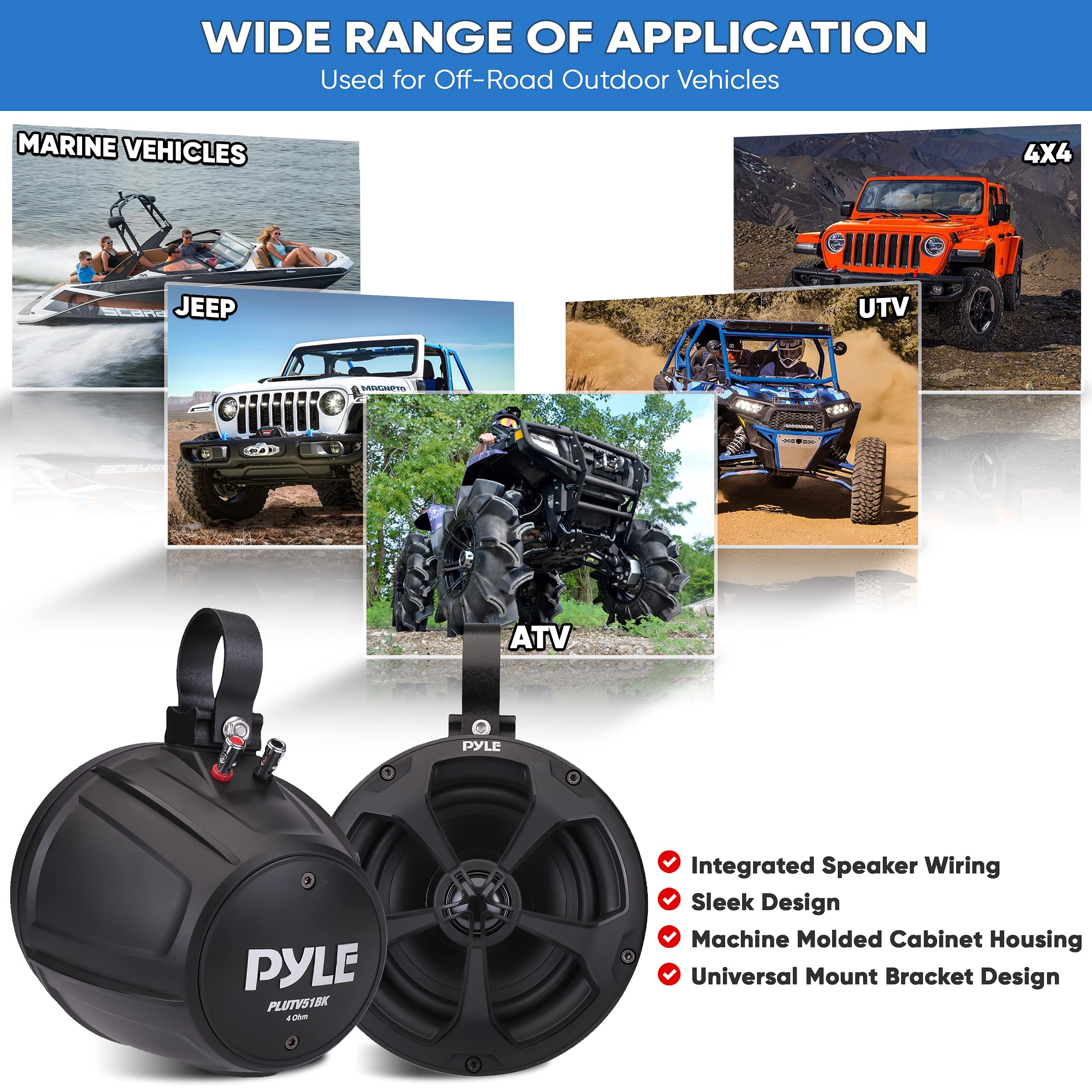 Pyle 2-Way Dual Waterproof Off-Road Speakers - 5.25 Inch 1000W Marine Grade Wake Tower Speakers System, Full Range Outdoor Audio